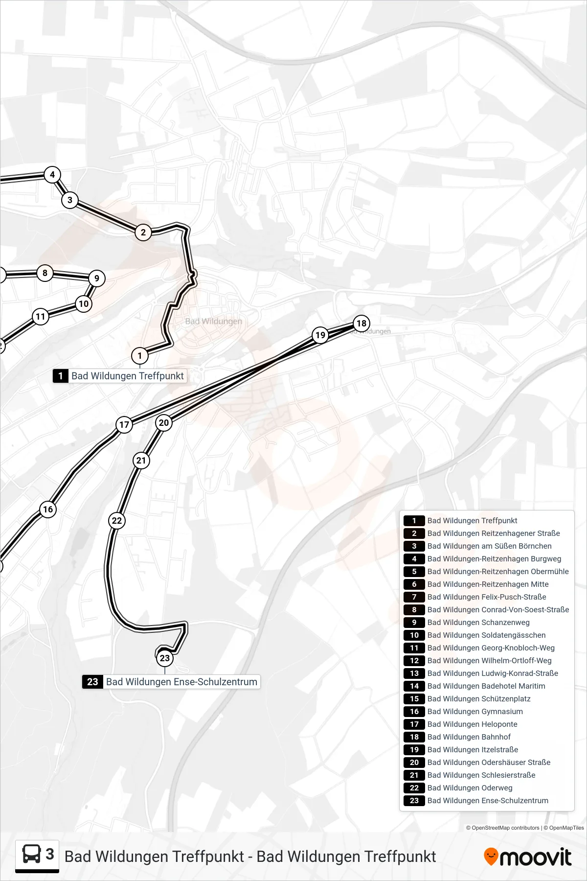 3 bus Line (Bad Wildungen Ense-Schulzentrum) route and stops on a map
