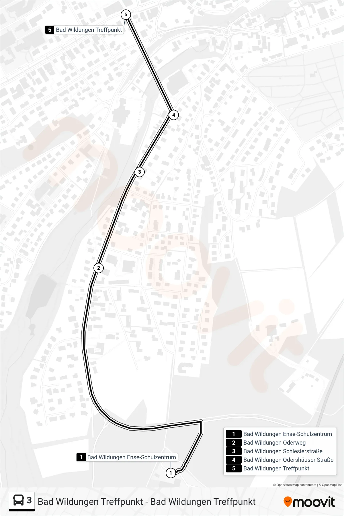 3 bus Line (Treffpunkt) route and stops on a map