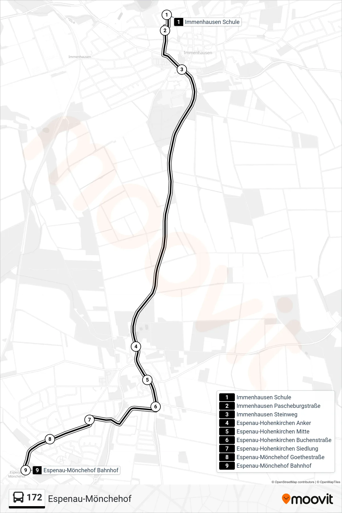 172 bus Line (Espenau-Mönchehof) route and stops on a map