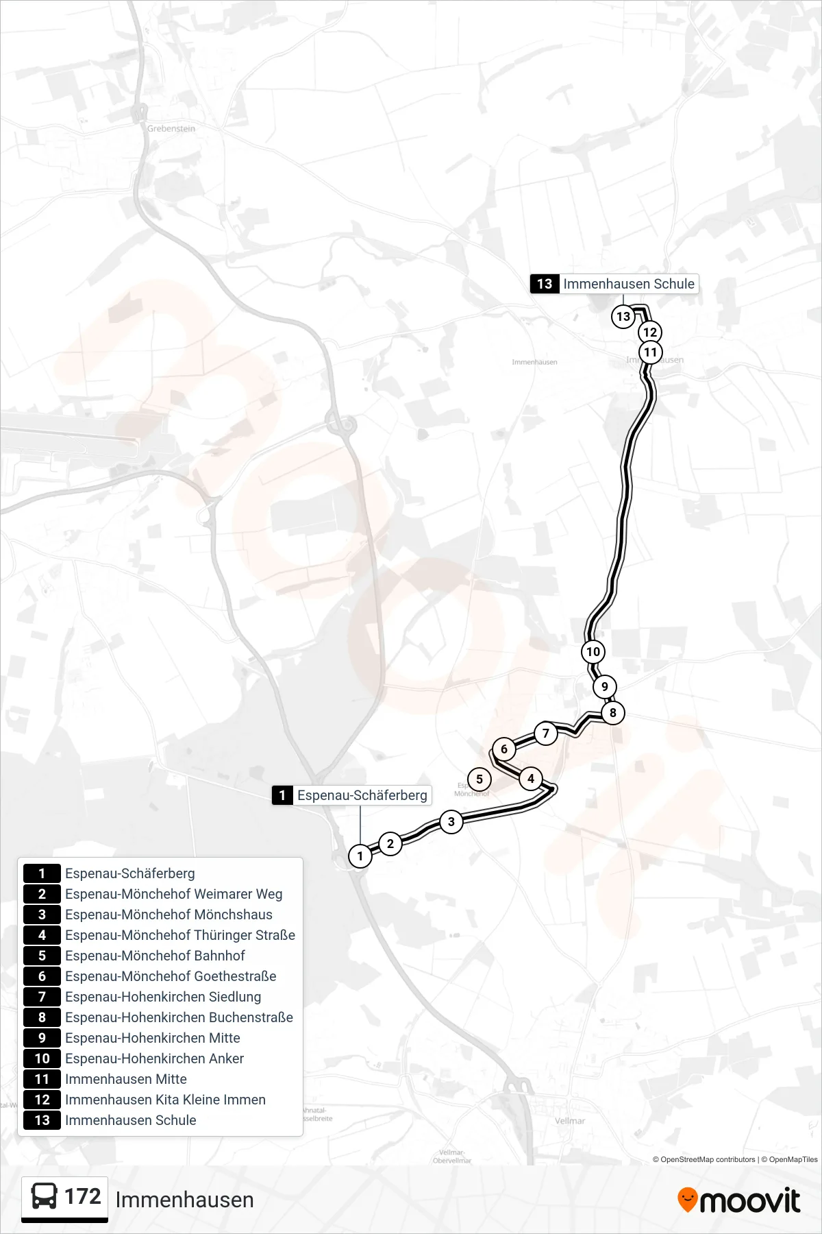 Linie 172 (Bus) Richtung Immenhausen: Route und Haltestellen auf der Karte