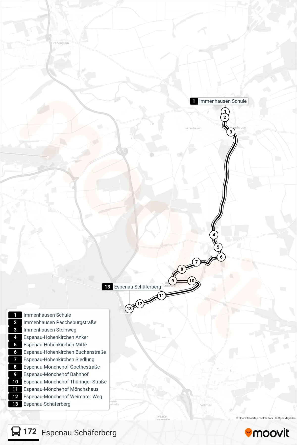 172 bus Line (Espenau-Schäferberg) route and stops on a map