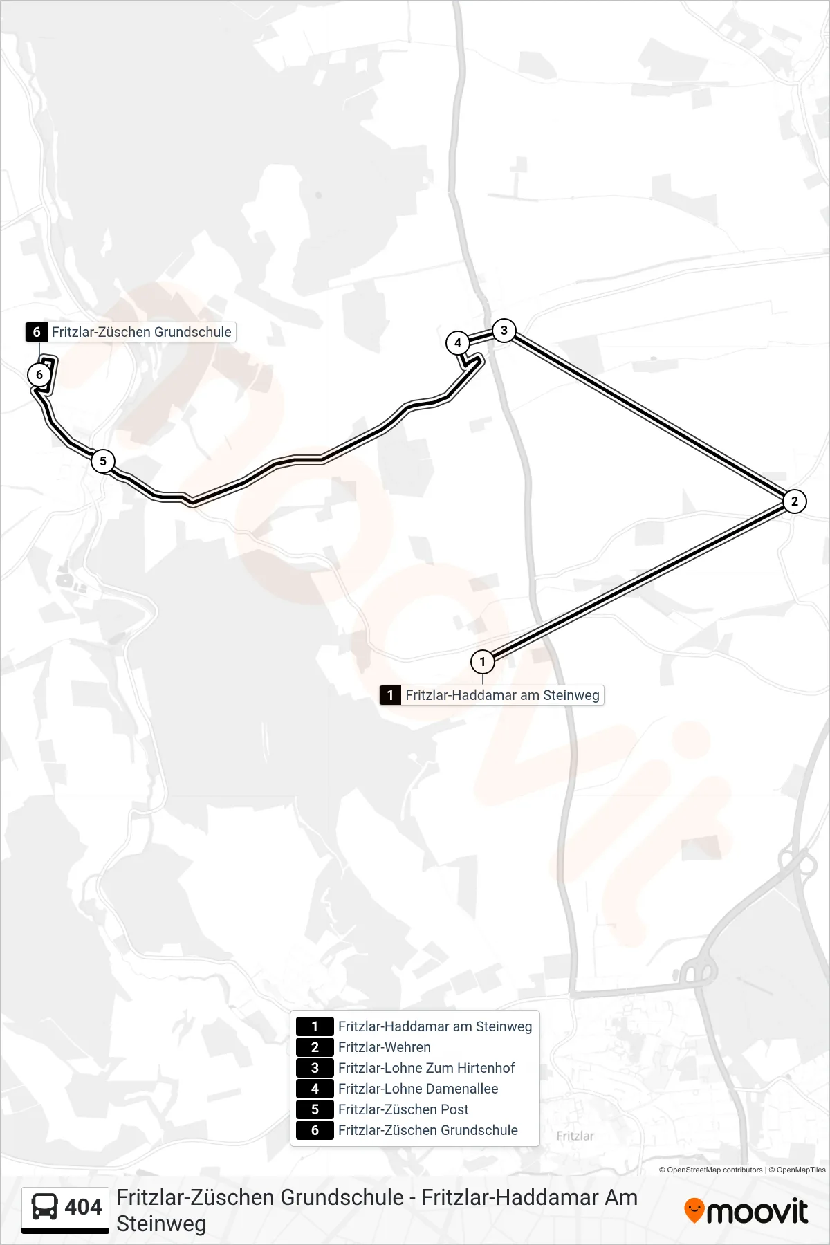 404 bus Line (Züschen Grundschule) route and stops on a map