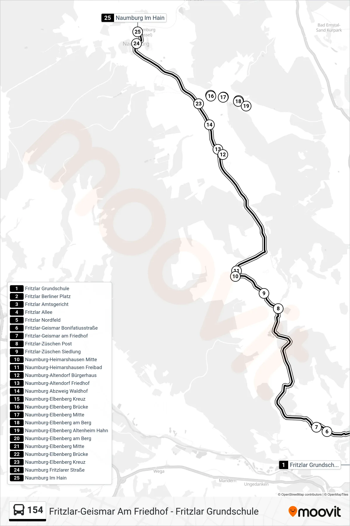 154 bus Line (Naumburg (Krs. Kassel)) route and stops on a map