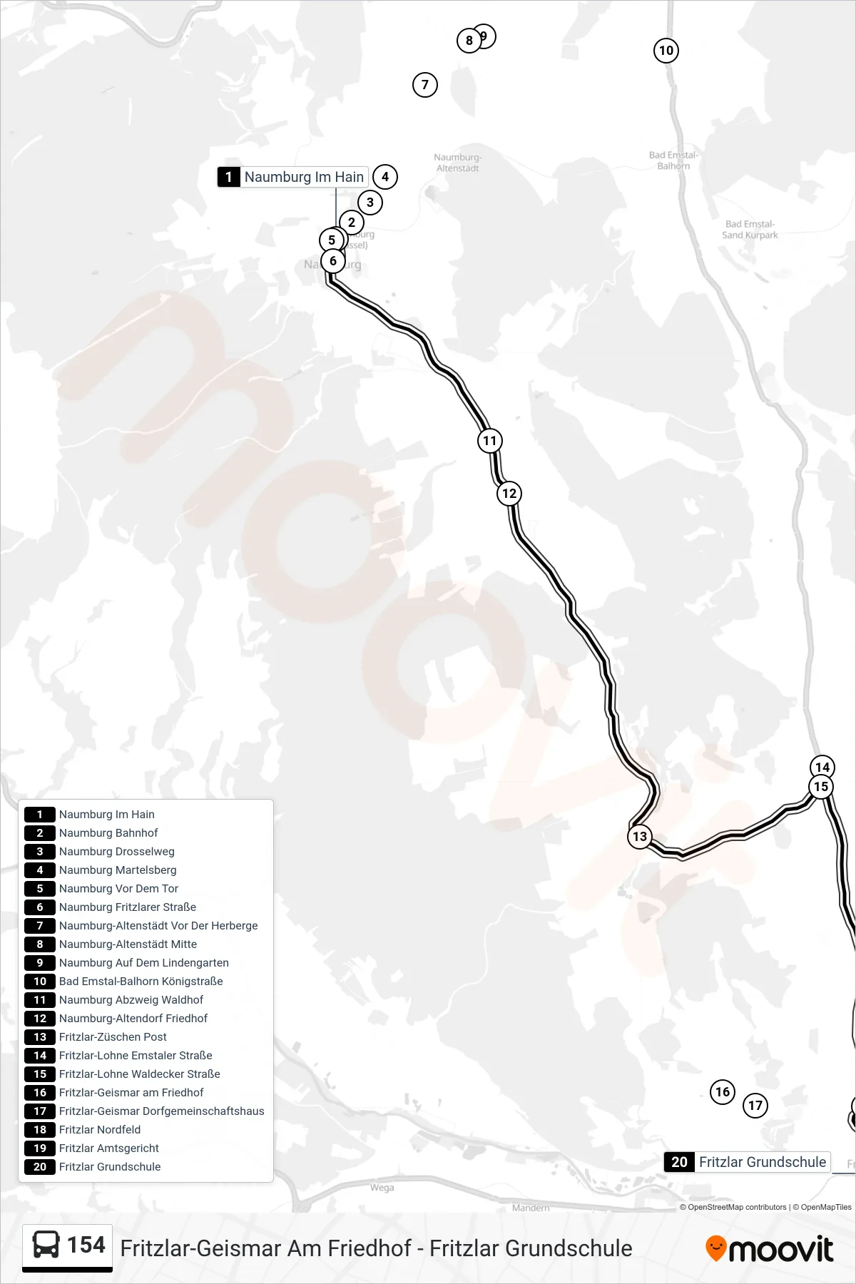 154 bus Line (Fritzlar Grundschule) route and stops on a map