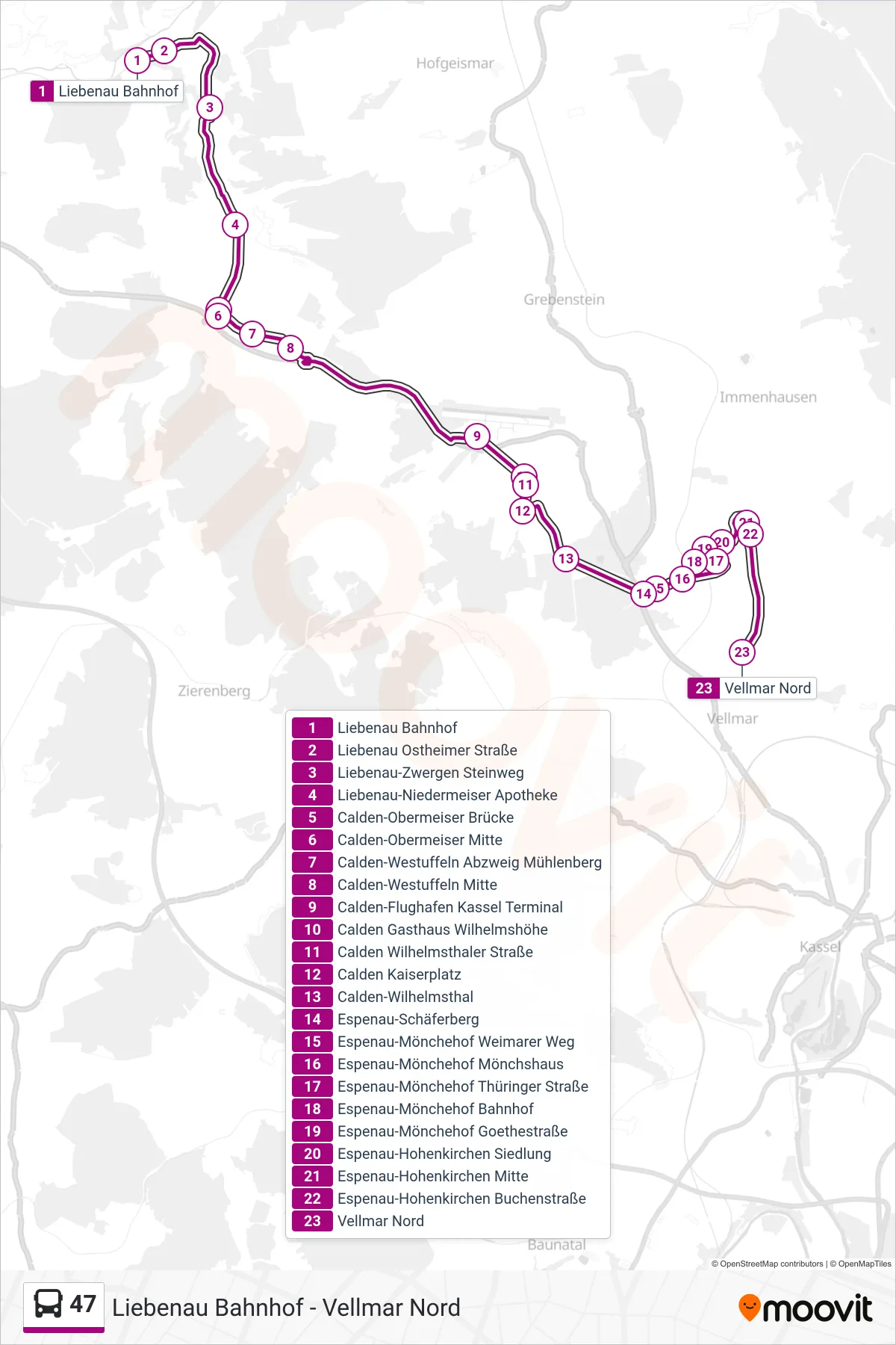 47 bus Line (Vellmar Nord) route and stops on a map