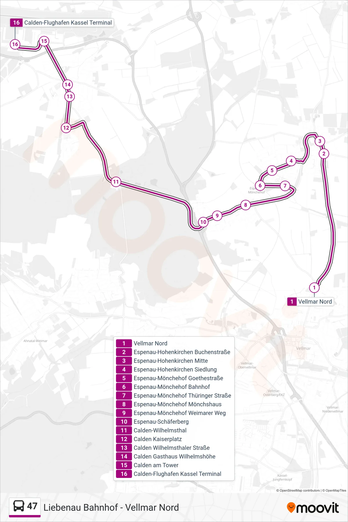 47 bus Line (Calden Flughafen) route and stops on a map