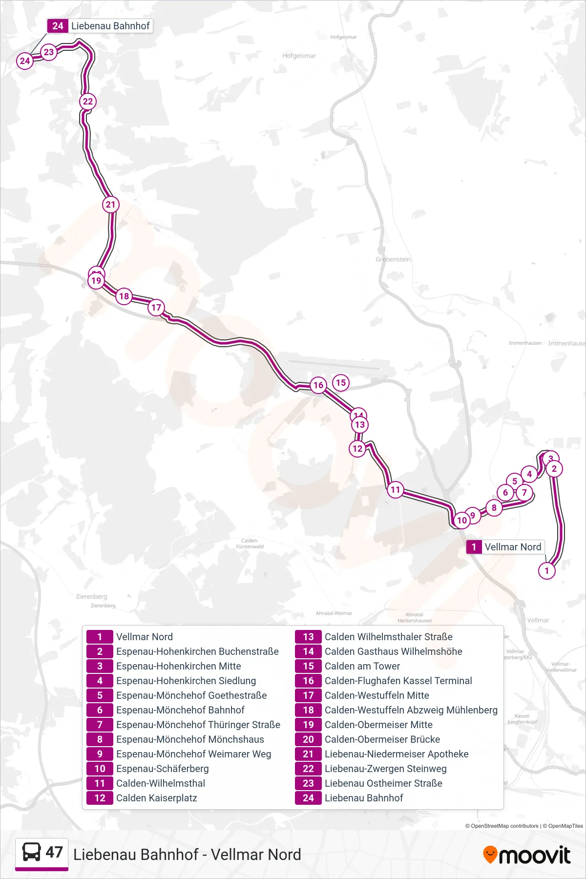 Linie 47 (Bus) Richtung Liebenau: Route und Haltestellen auf der Karte