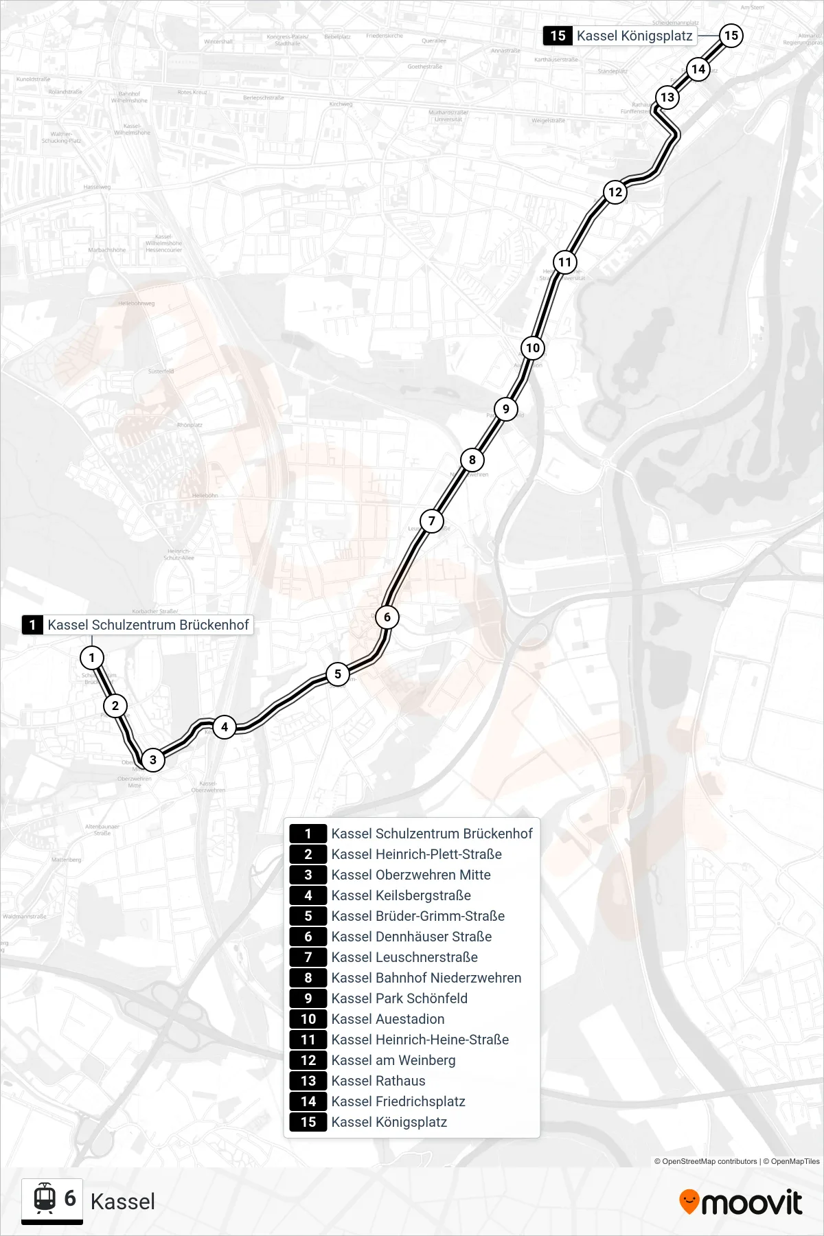 6 light rail Line (Kassel) route and stops on a map