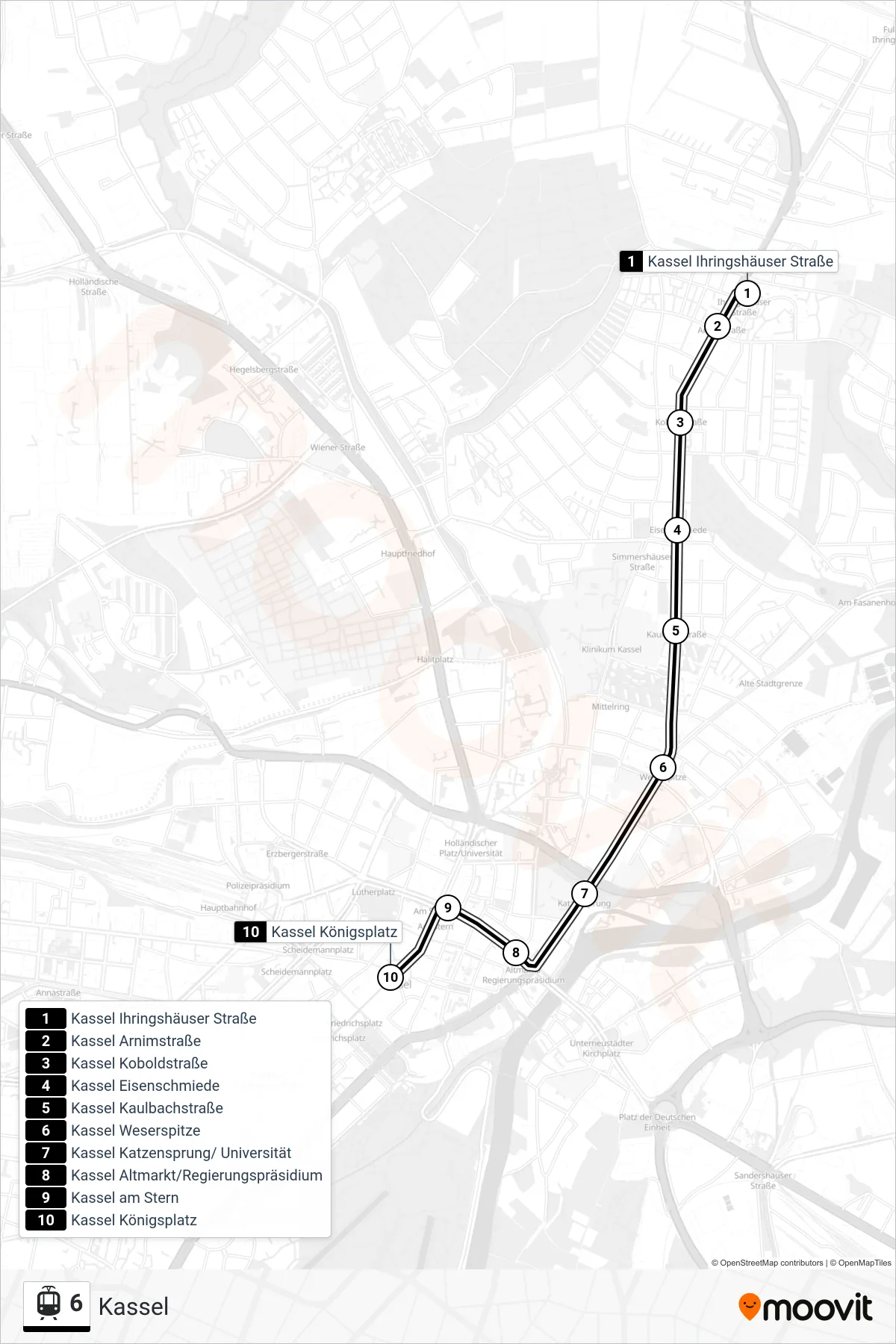 6 light rail Line (Kassel) route and stops on a map