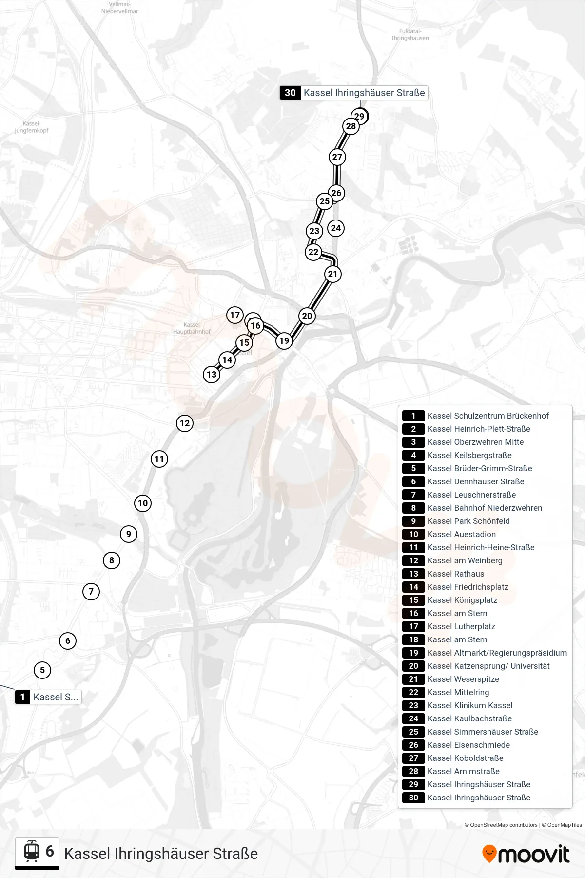Linie 6 (Straßenbahn) Richtung Kassel Ihringshäuser Straße: Route und Haltestellen auf der Karte