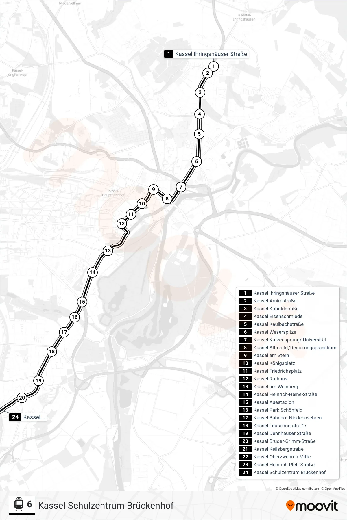6 light rail Line (Kassel Schulzentrum Brückenhof) route and stops on a map