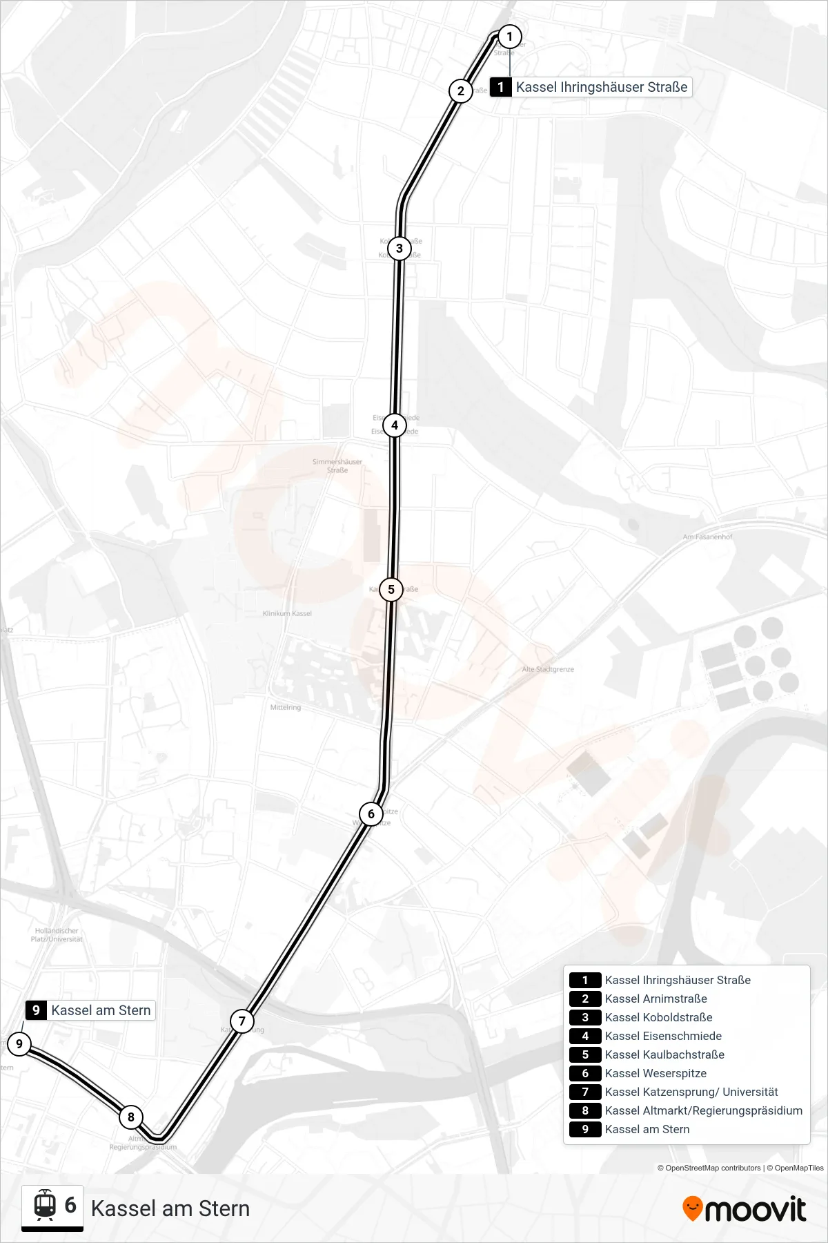 6 light rail Line (Kassel am Stern) route and stops on a map