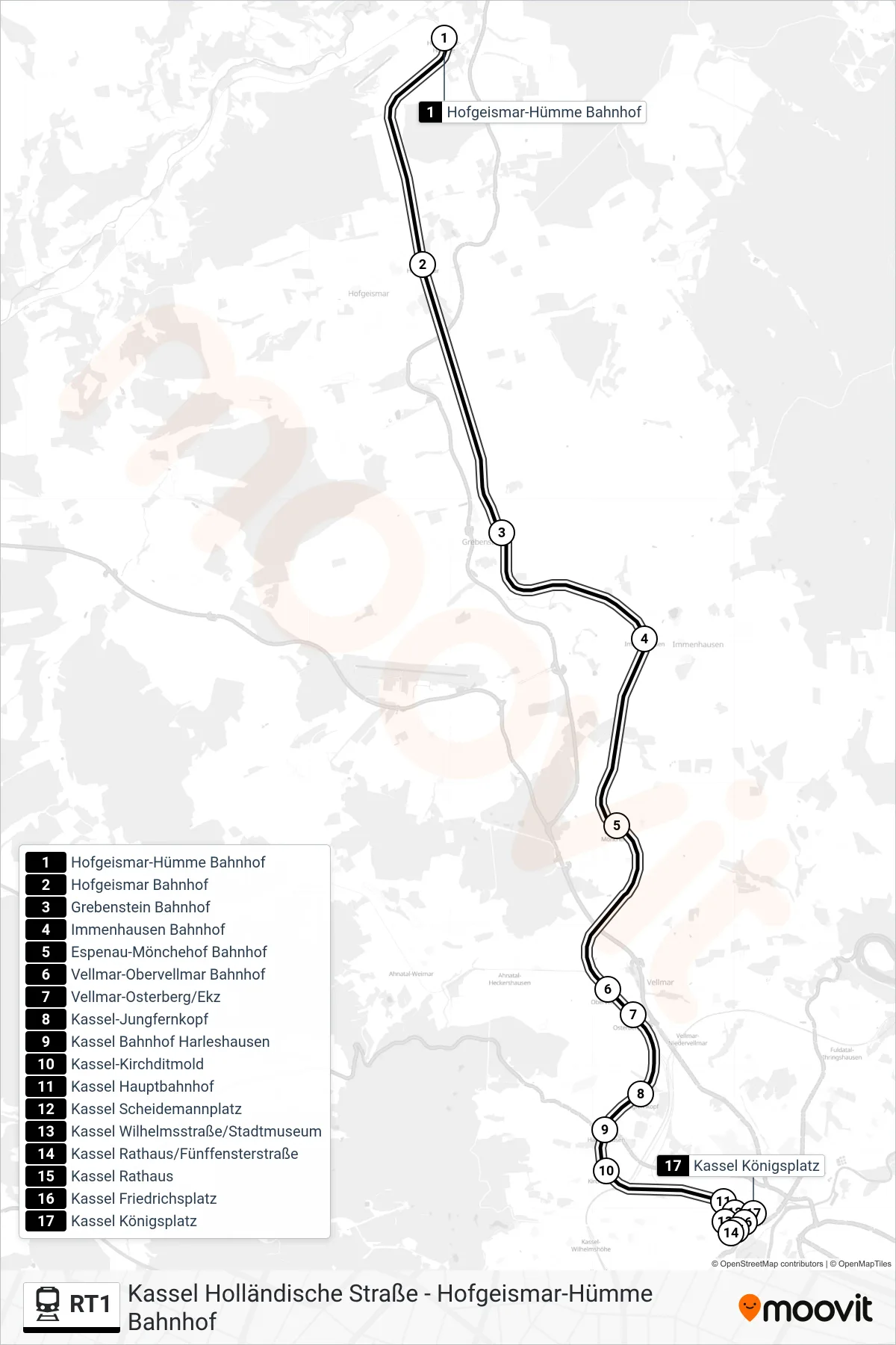 Linie RT1 (Bahn) Richtung Kassel: Route und Haltestellen auf der Karte