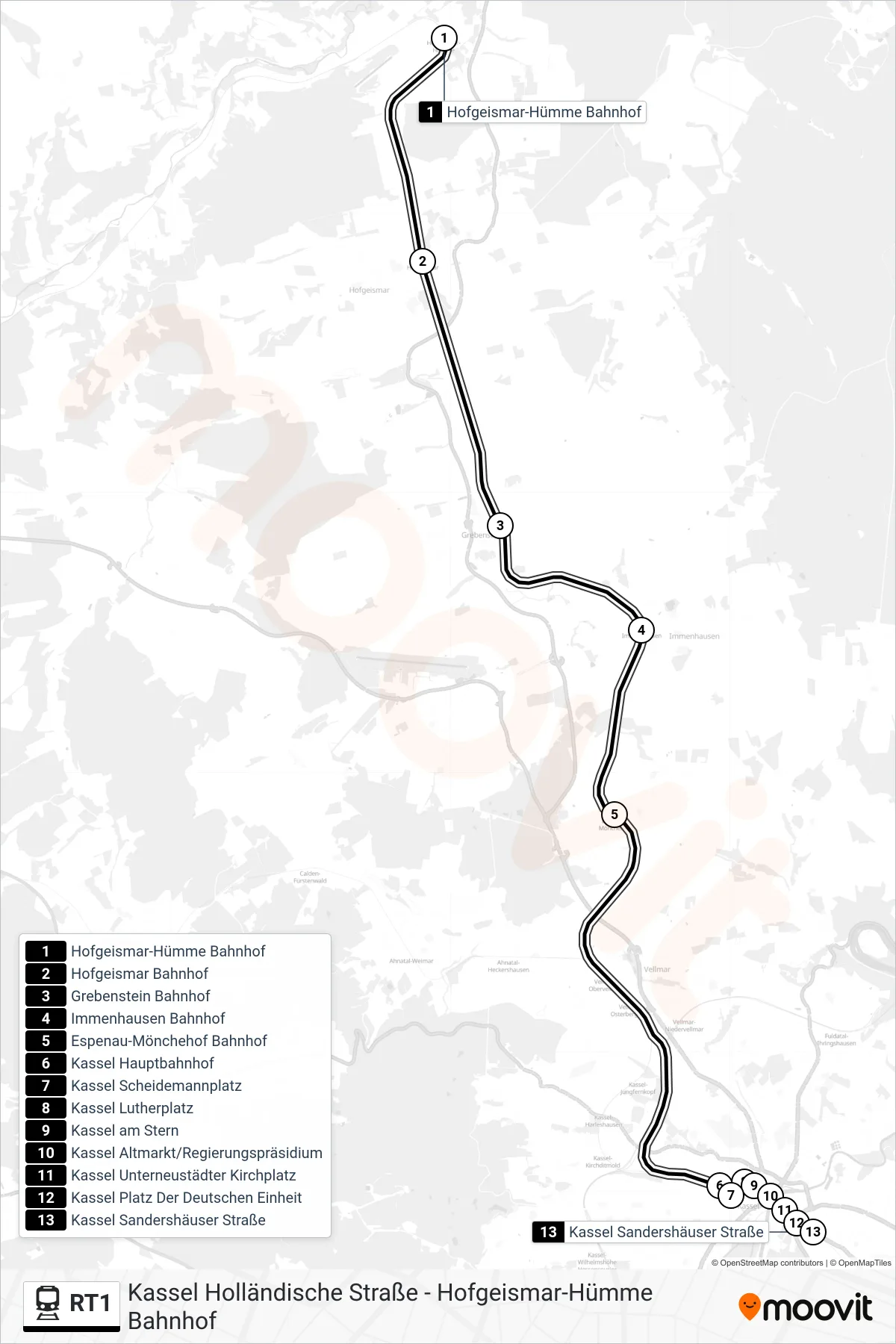 RT1 rail Line (Kassel Sandershäuser Straße) route and stops on a map