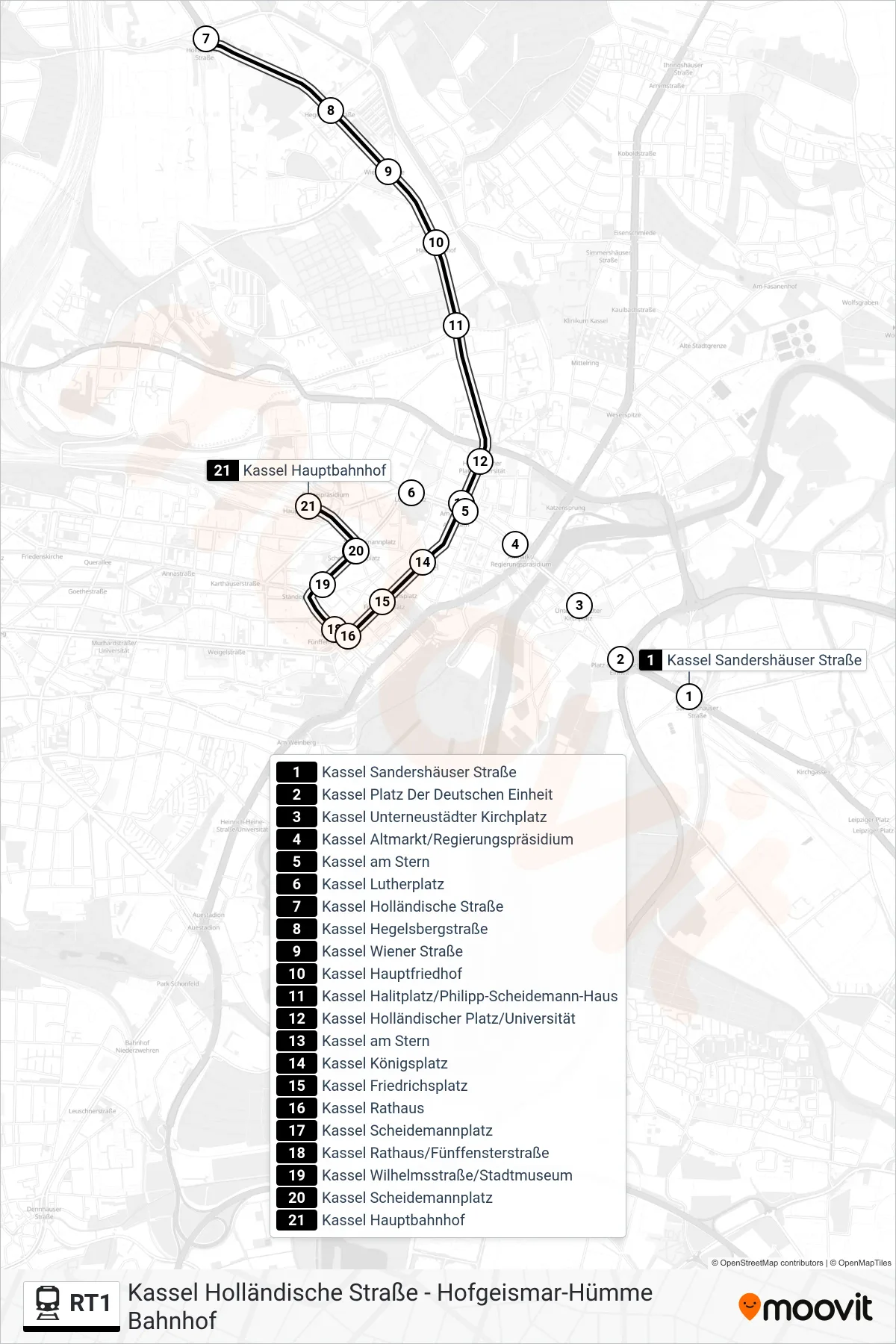RT1 train Line (Kassel Hauptbahnhof) route and stops on a map