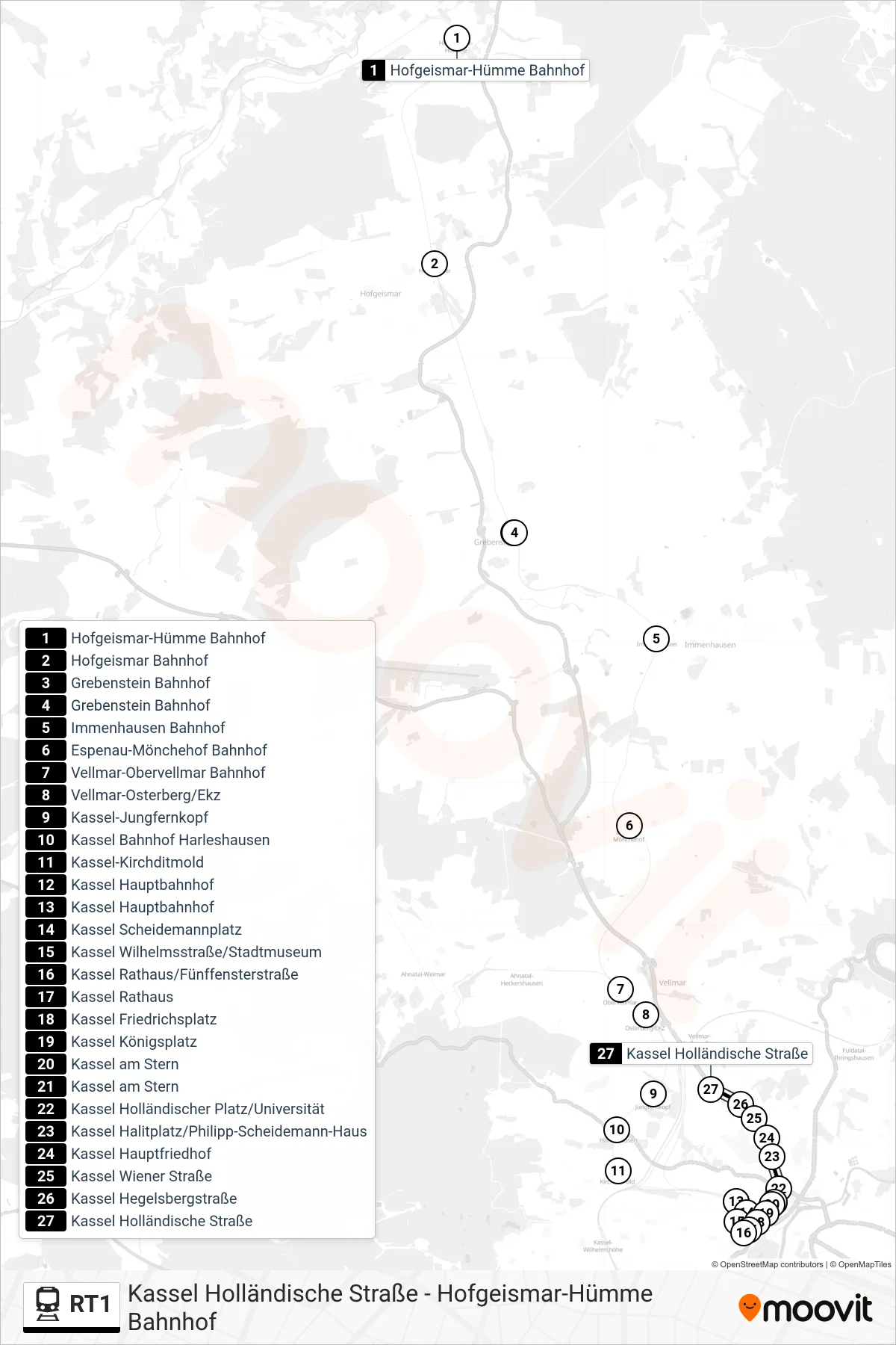 RT1 train Line (Holländische Straße) route and stops on a map