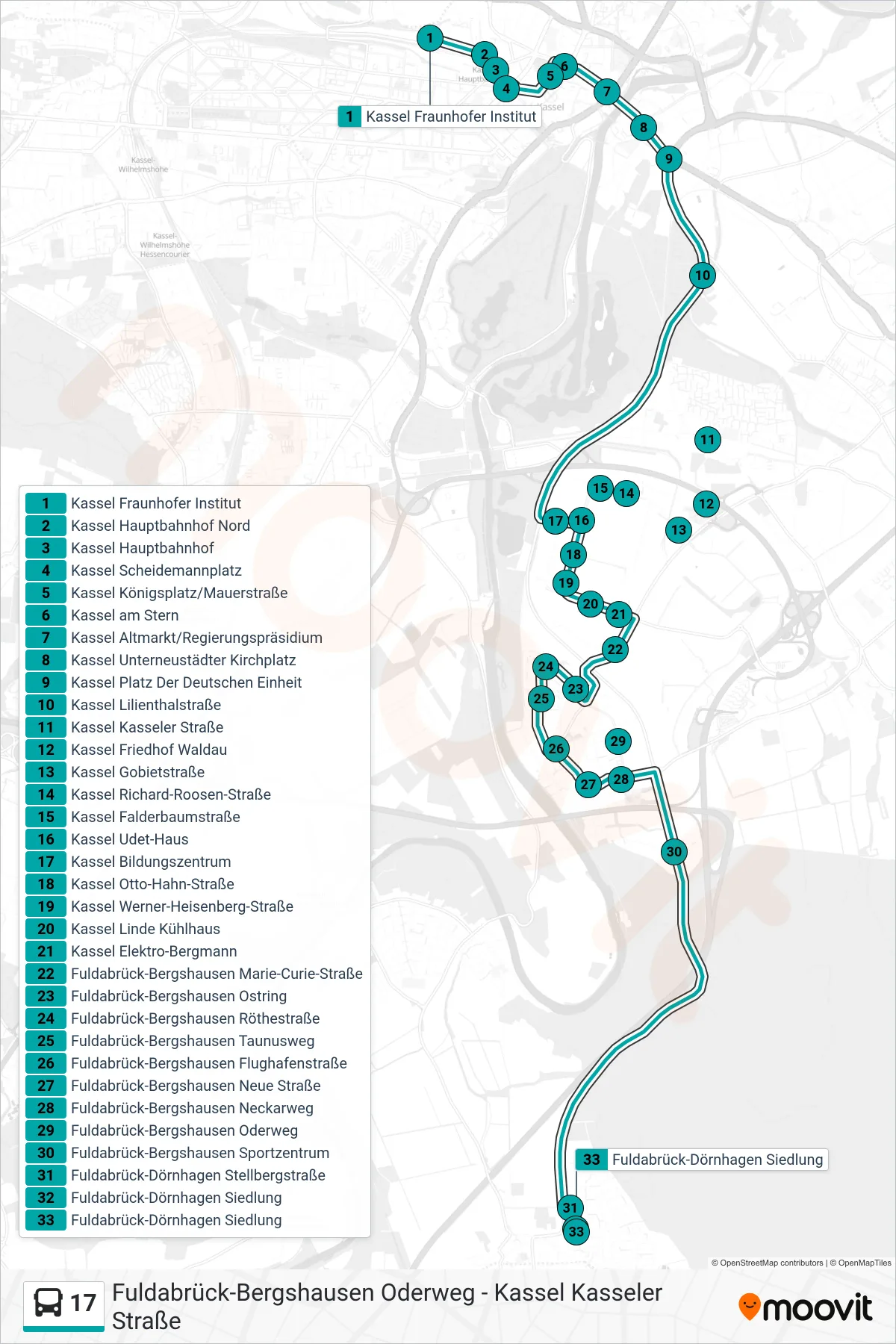 17 bus Line (Dörnhagen Siedlung) route and stops on a map