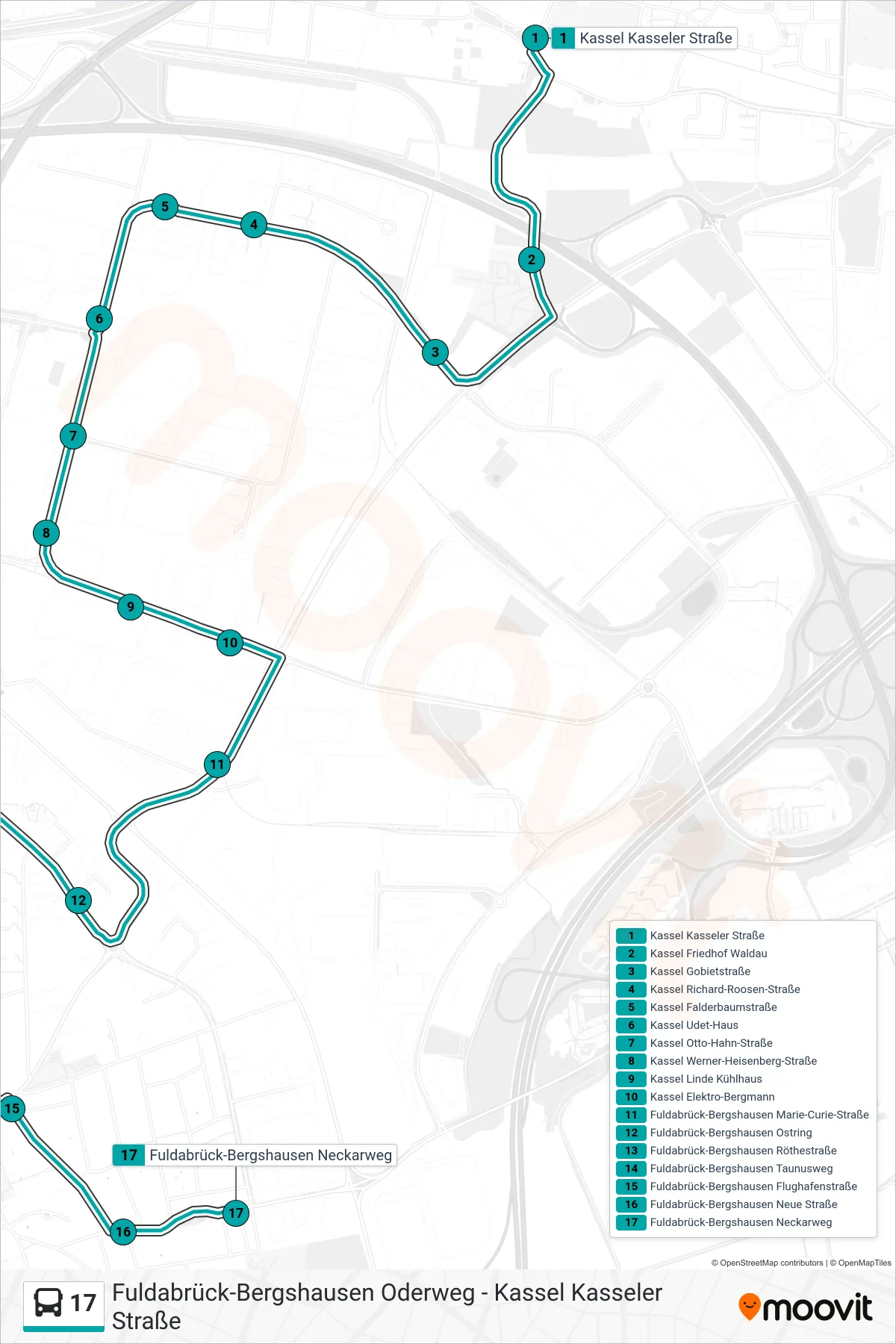 Linie 17 (Bus) Richtung Fuldabrück-Bergshausen Neckarweg: Route und Haltestellen auf der Karte