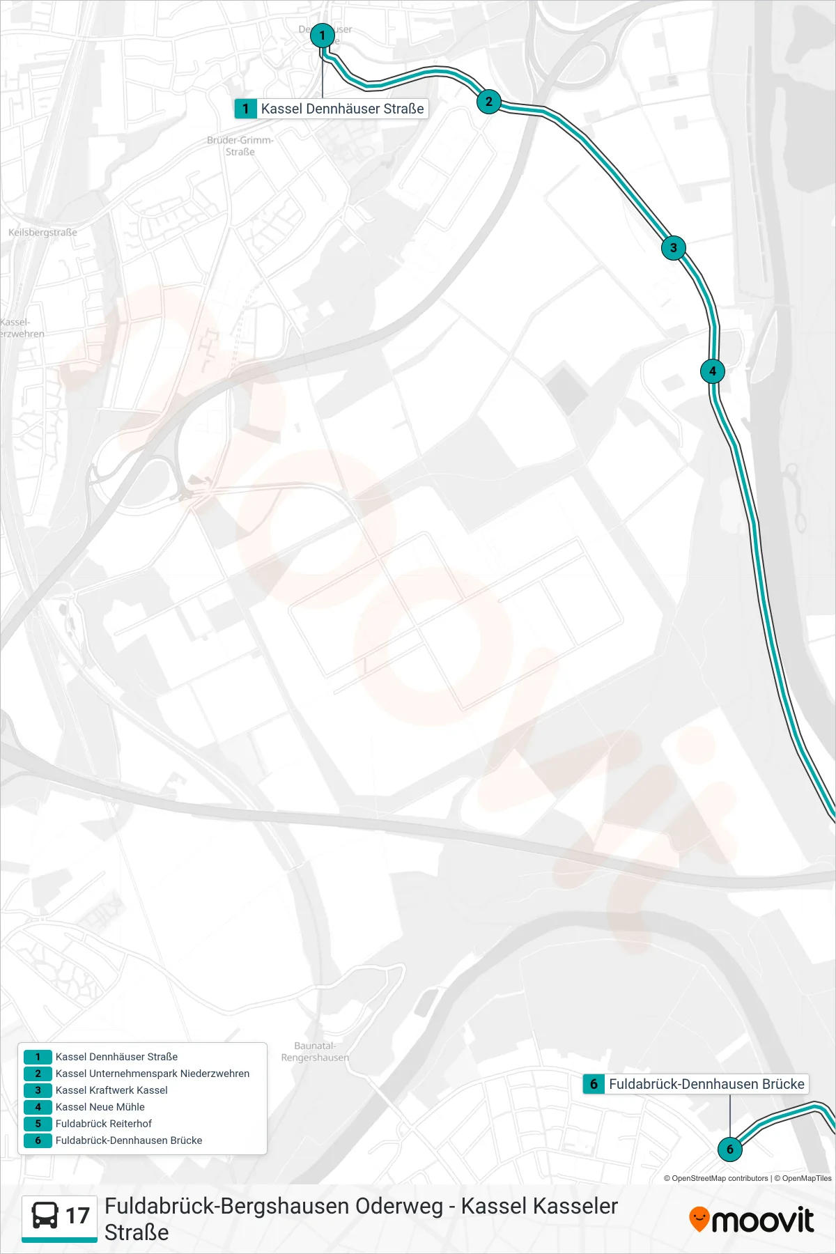 17 bus Line (Fuldabrück-Dennhausen Brücke) route and stops on a map