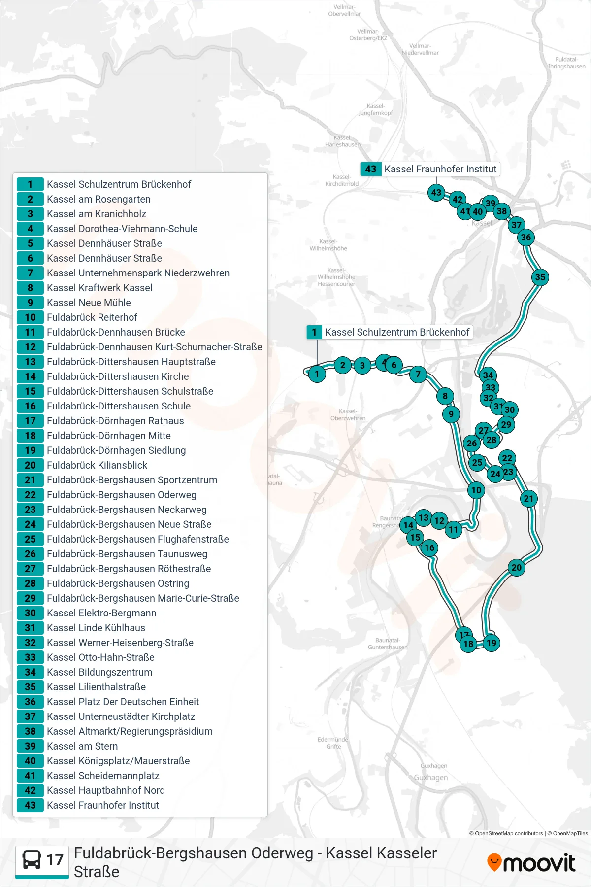 17 bus Line (Kassel Fraunhofer Institut) route and stops on a map