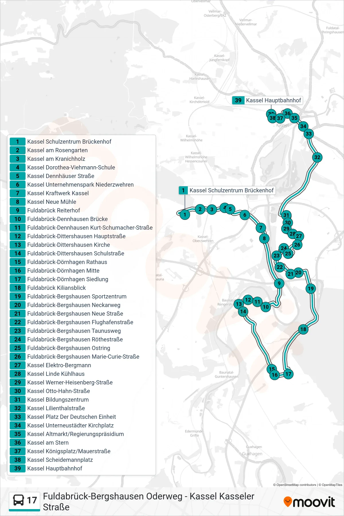 17 bus Line (Kassel Hauptbahnhof) route and stops on a map