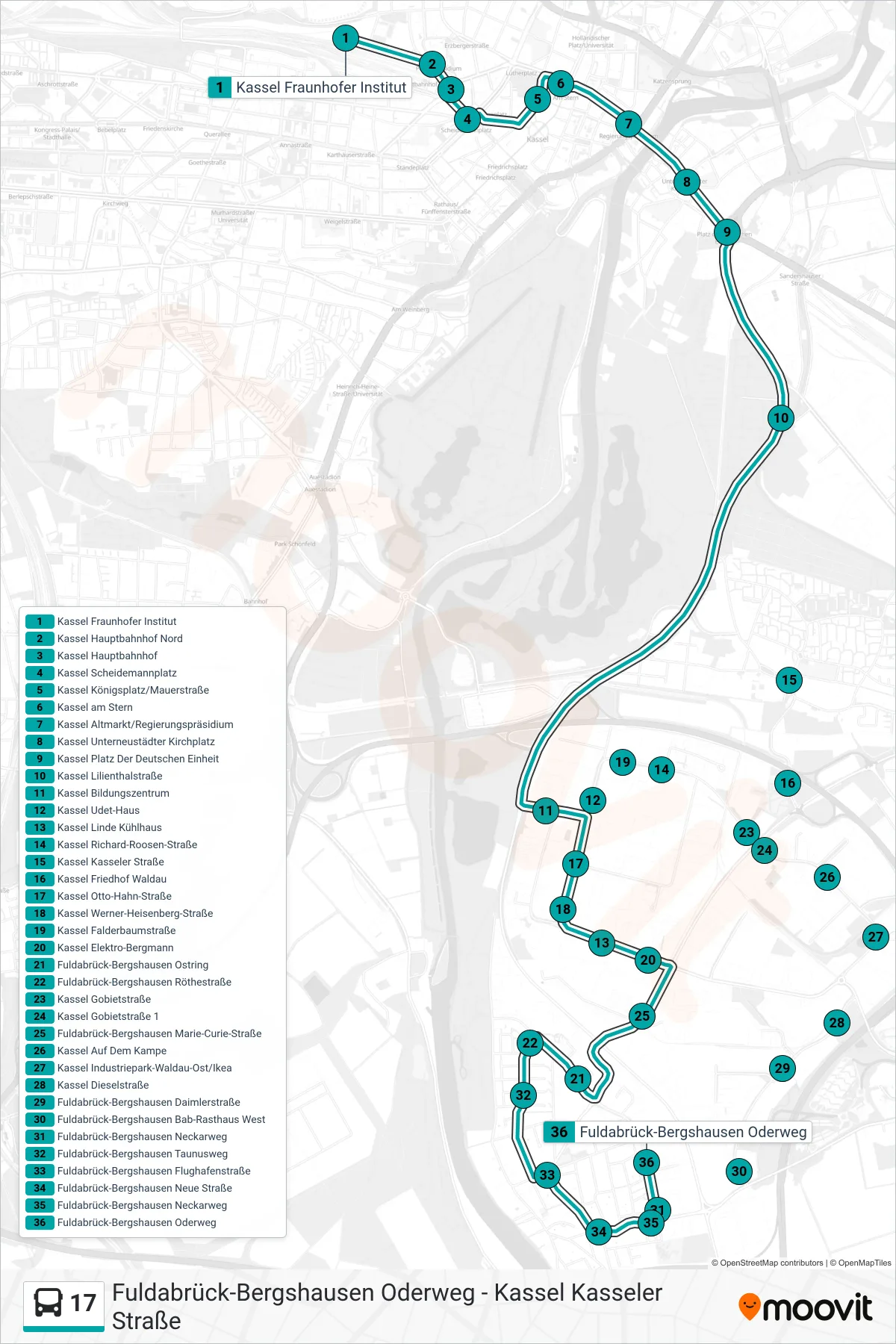 17 bus Line (Fuldabrück-Bergshausen Oderweg) route and stops on a map