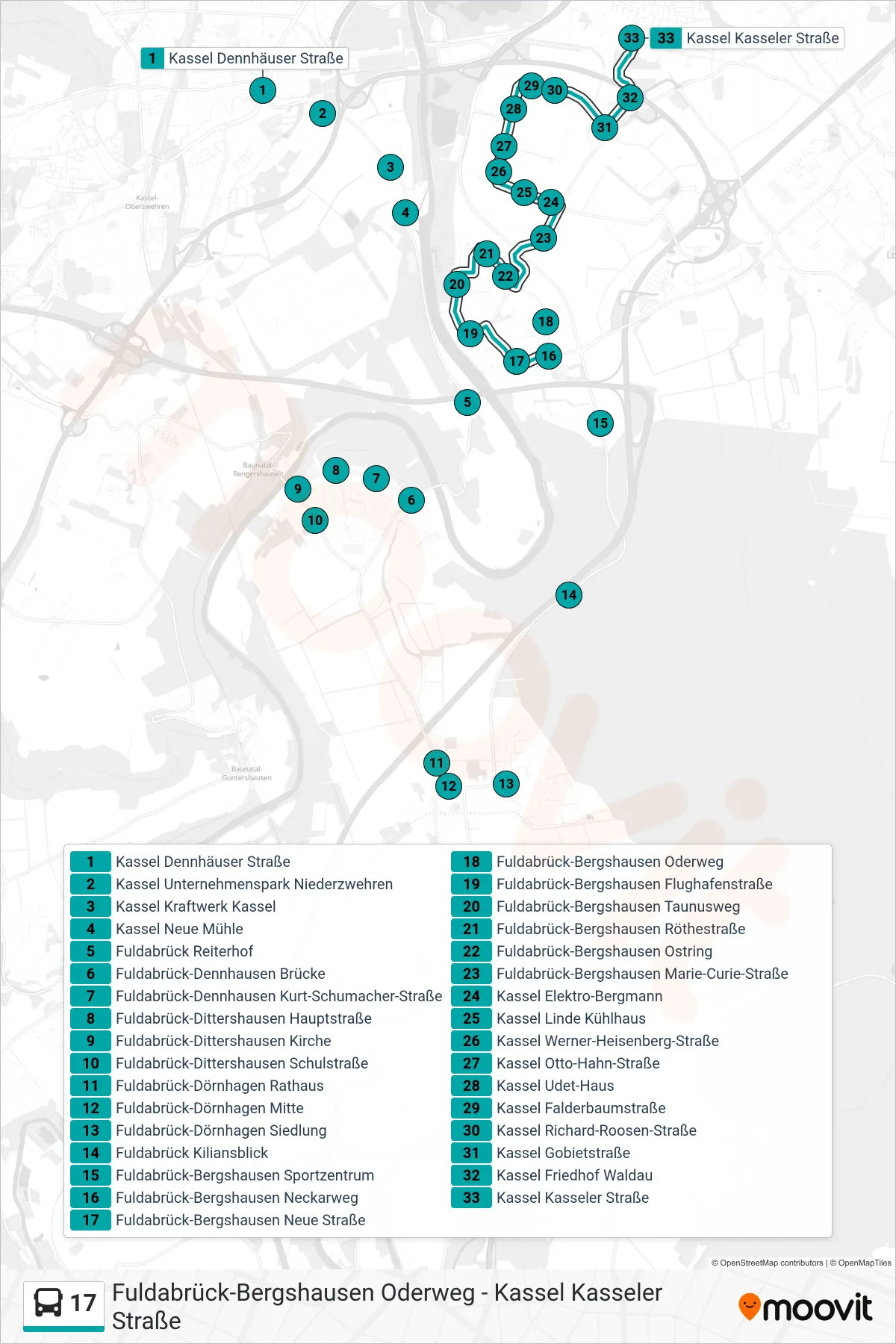 17 bus Line (Kassel Kasseler Straße) route and stops on a map