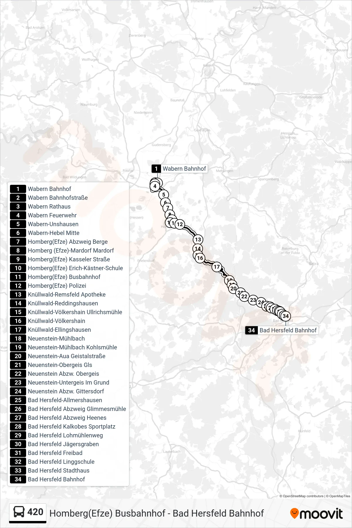 420 bus Line (Bad Hersfeld Bahnhof) route and stops on a map