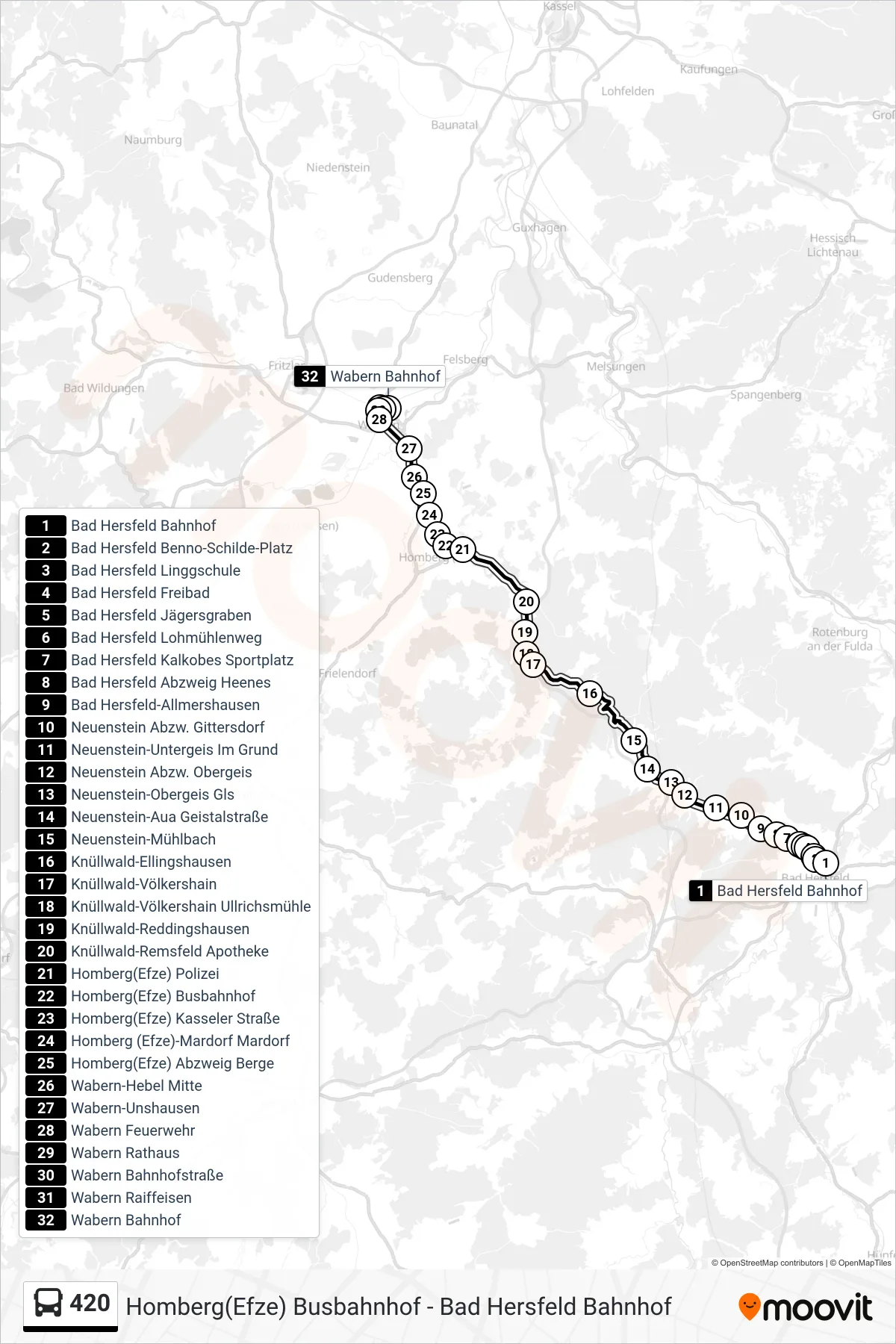 Linie 420 (Bus) Richtung Wabern Bahnhof: Route und Haltestellen auf der Karte