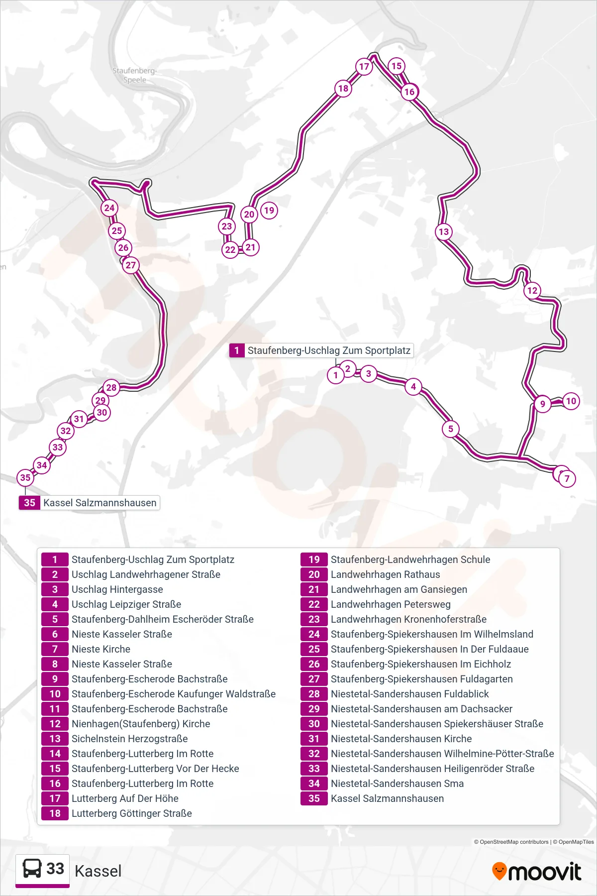 33 bus Line (Kassel) route and stops on a map