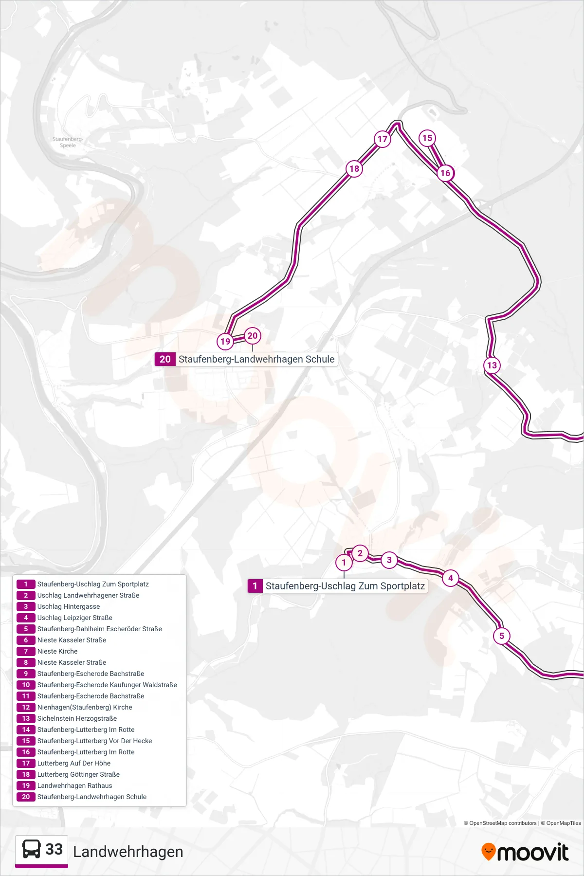 33 bus Line (Landwehrhagen) route and stops on a map