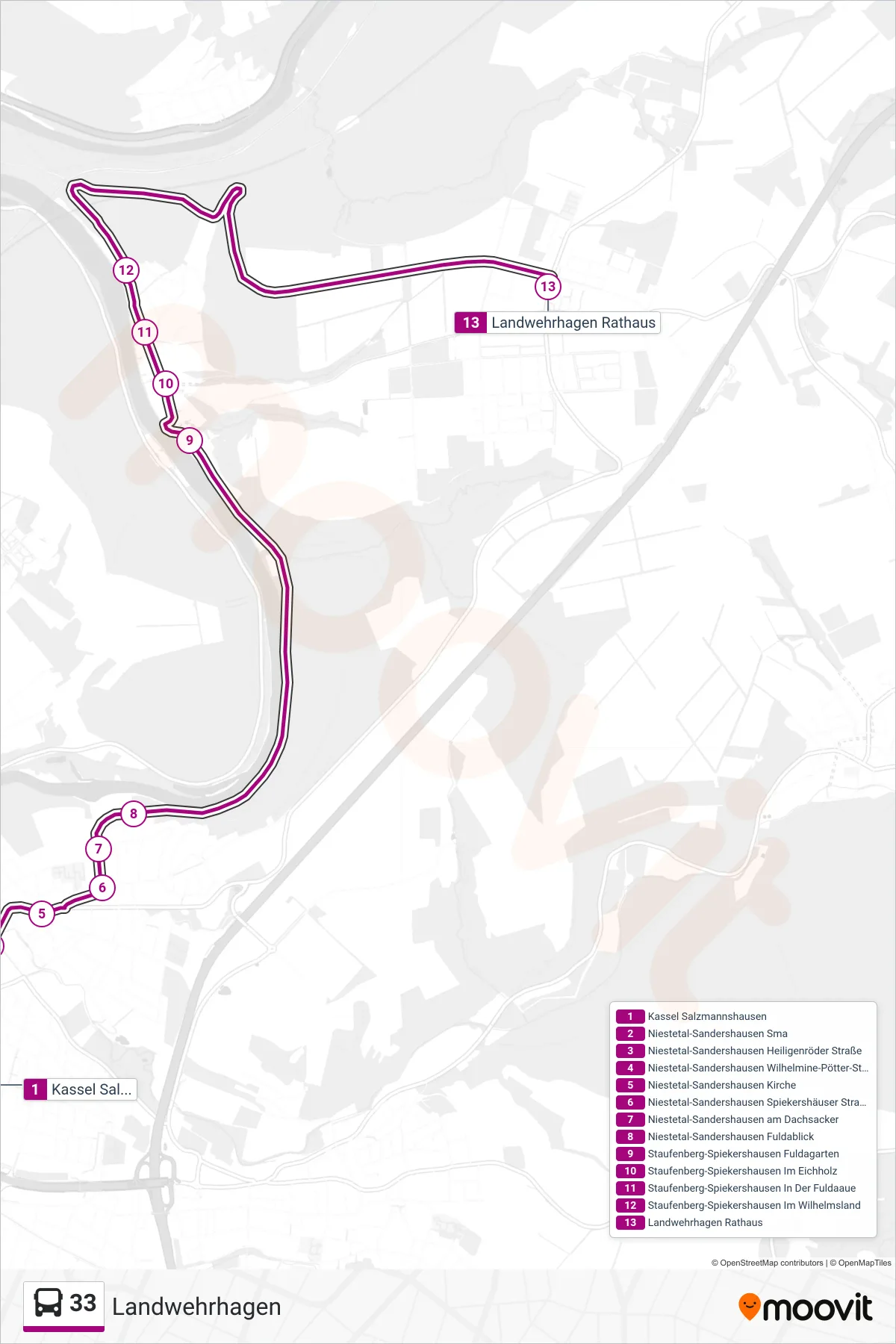 Linie 33 (Bus) Richtung Landwehrhagen: Route und Haltestellen auf der Karte
