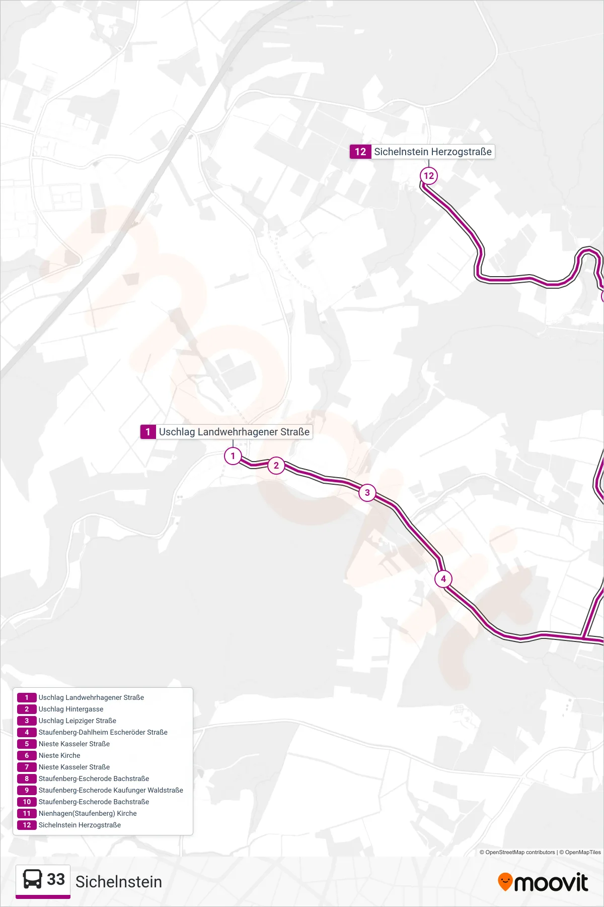 33 bus Line (Sichelnstein) route and stops on a map