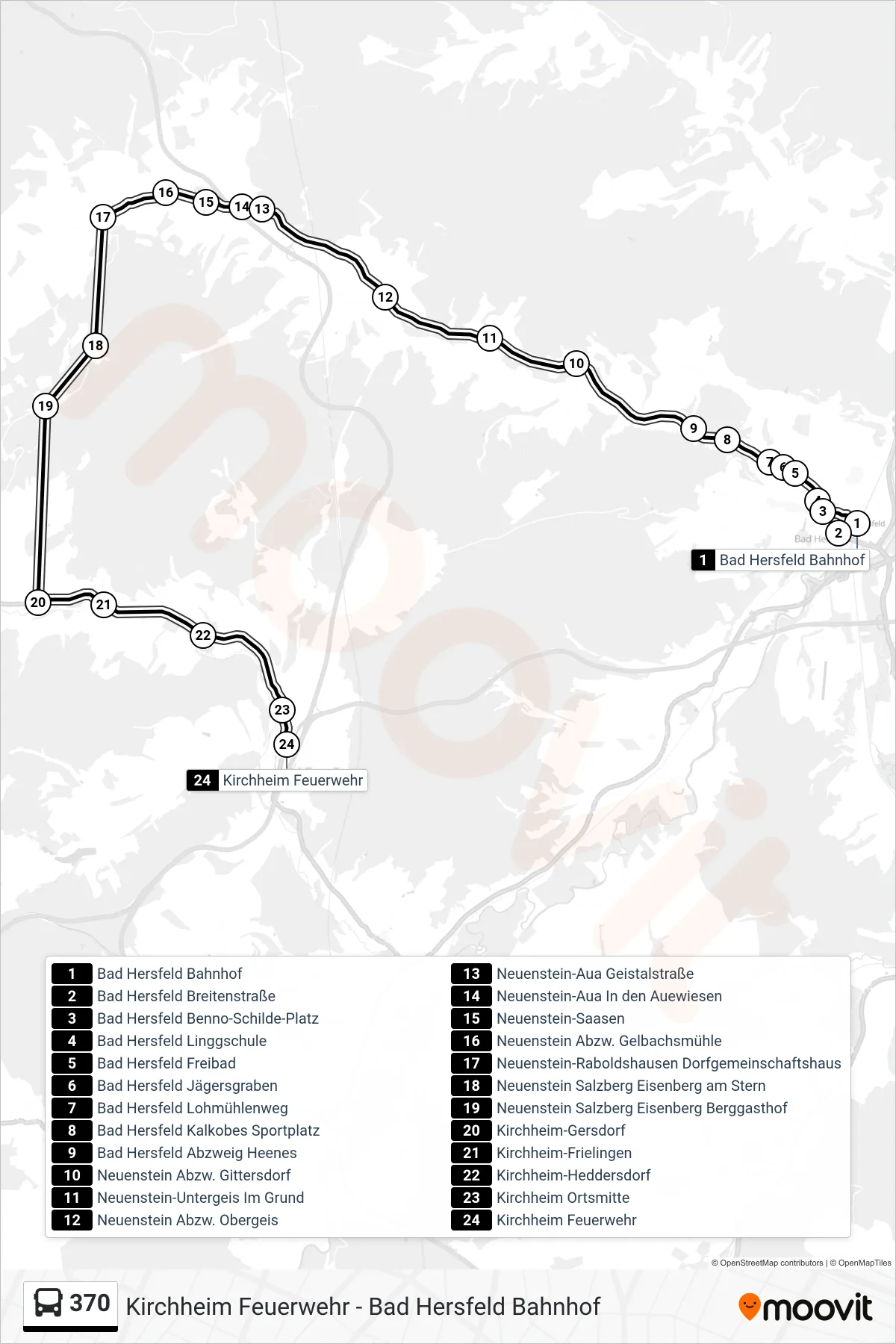 370 bus Line (Kirchheim) route and stops on a map