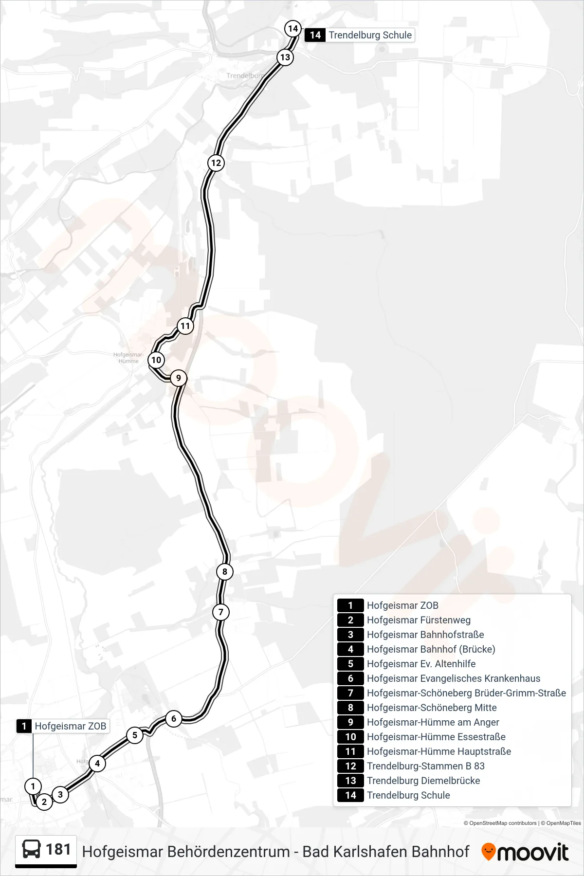 181 bus Line (Trendelburg Schule) route and stops on a map