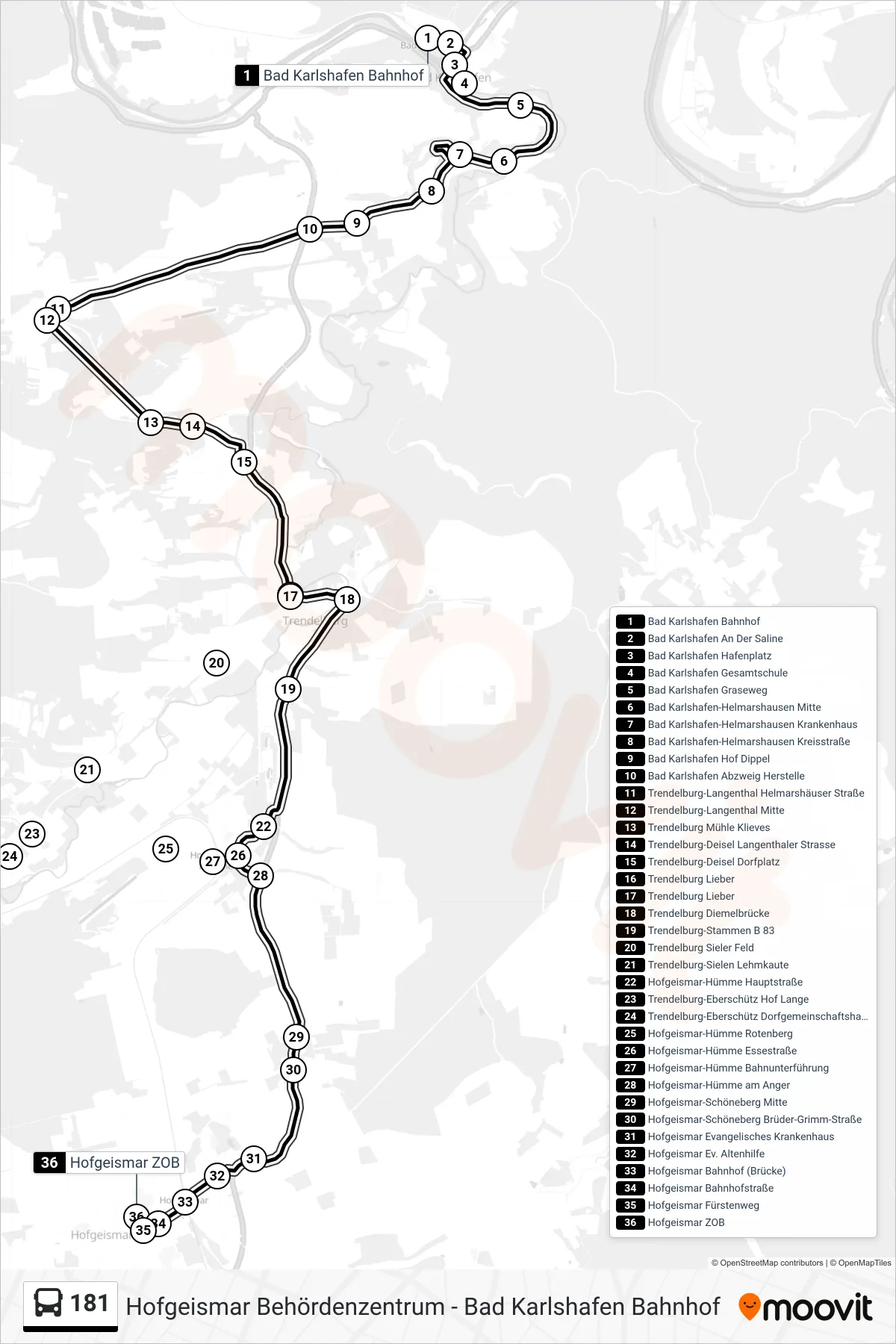 181 bus Line (Hofgeismar ZOB) route and stops on a map