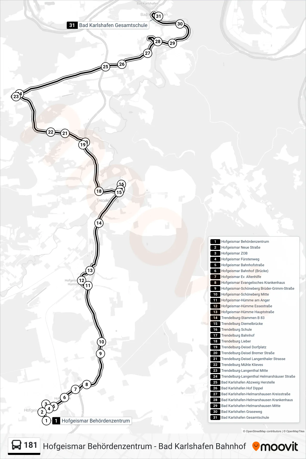 181 bus Line (Bad Karlsh. Ges.Schule) route and stops on a map