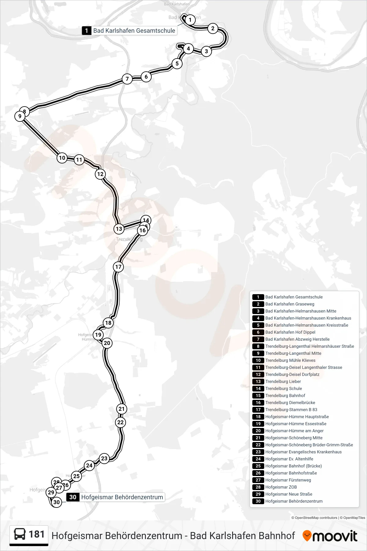 Linie 181 (Bus) Richtung Hofgeismar Behördenzentrum: Route und Haltestellen auf der Karte