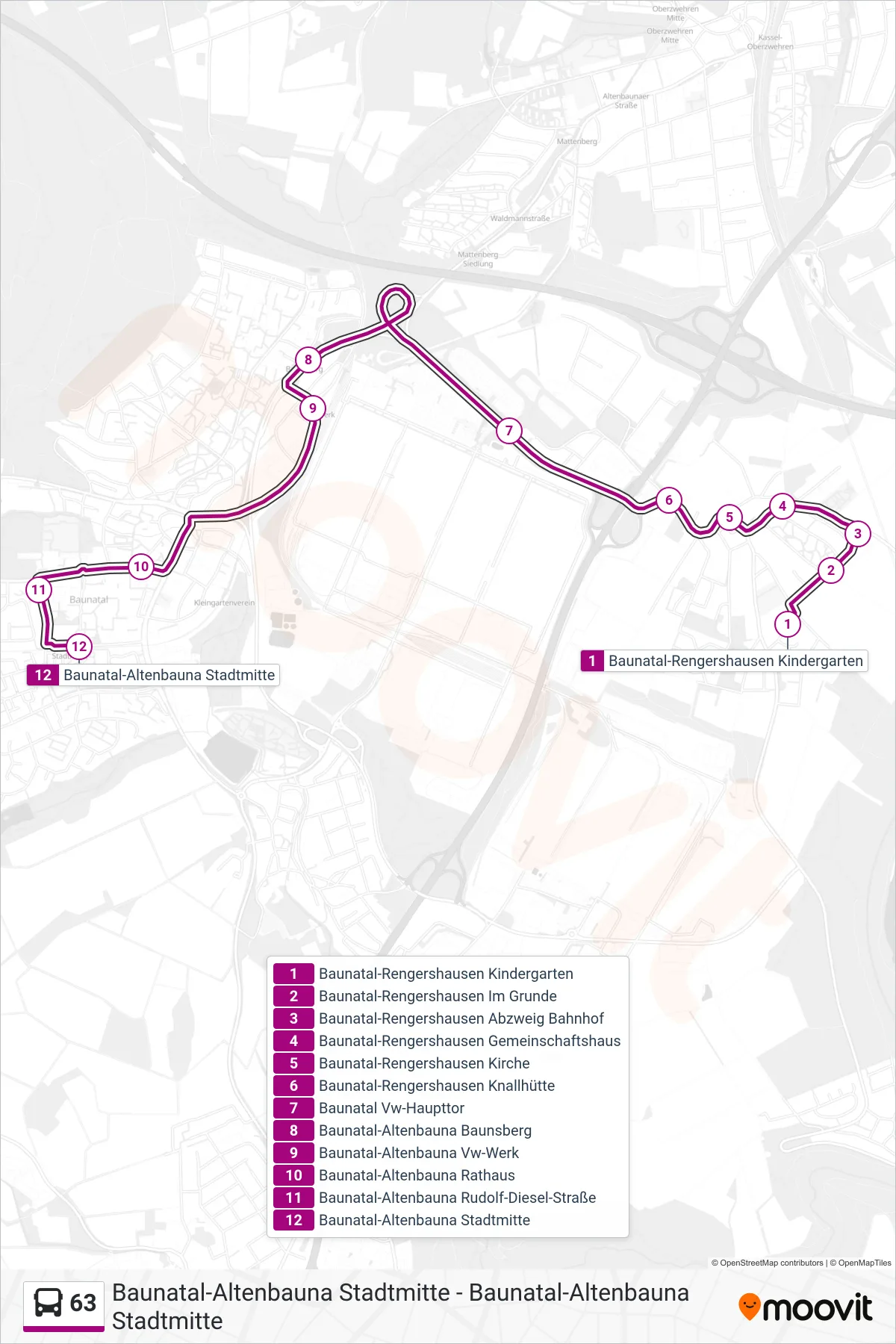 Linie 63 (Bus) Richtung Stadtmitte: Route und Haltestellen auf der Karte