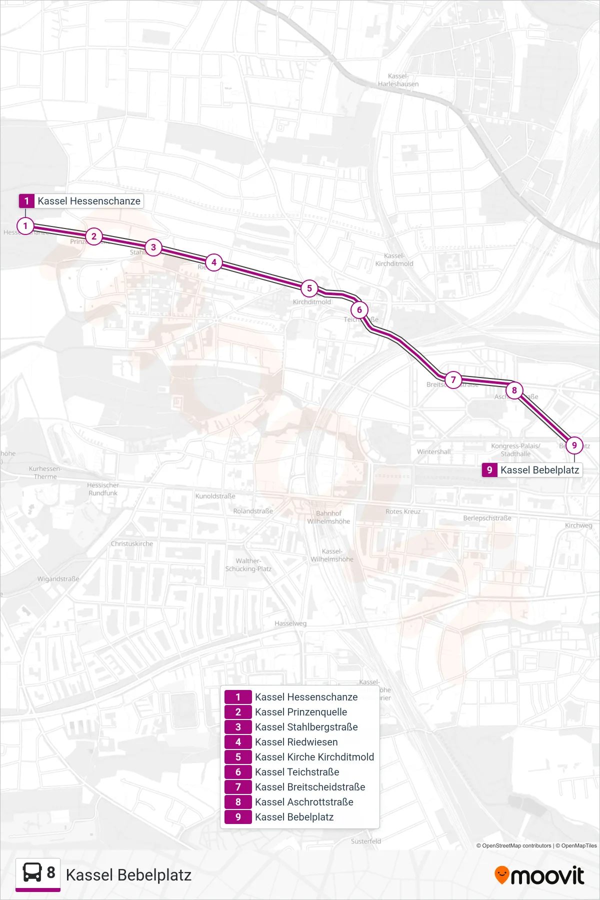 Linie 8 (Bus) Richtung Kassel Bebelplatz: Route und Haltestellen auf der Karte