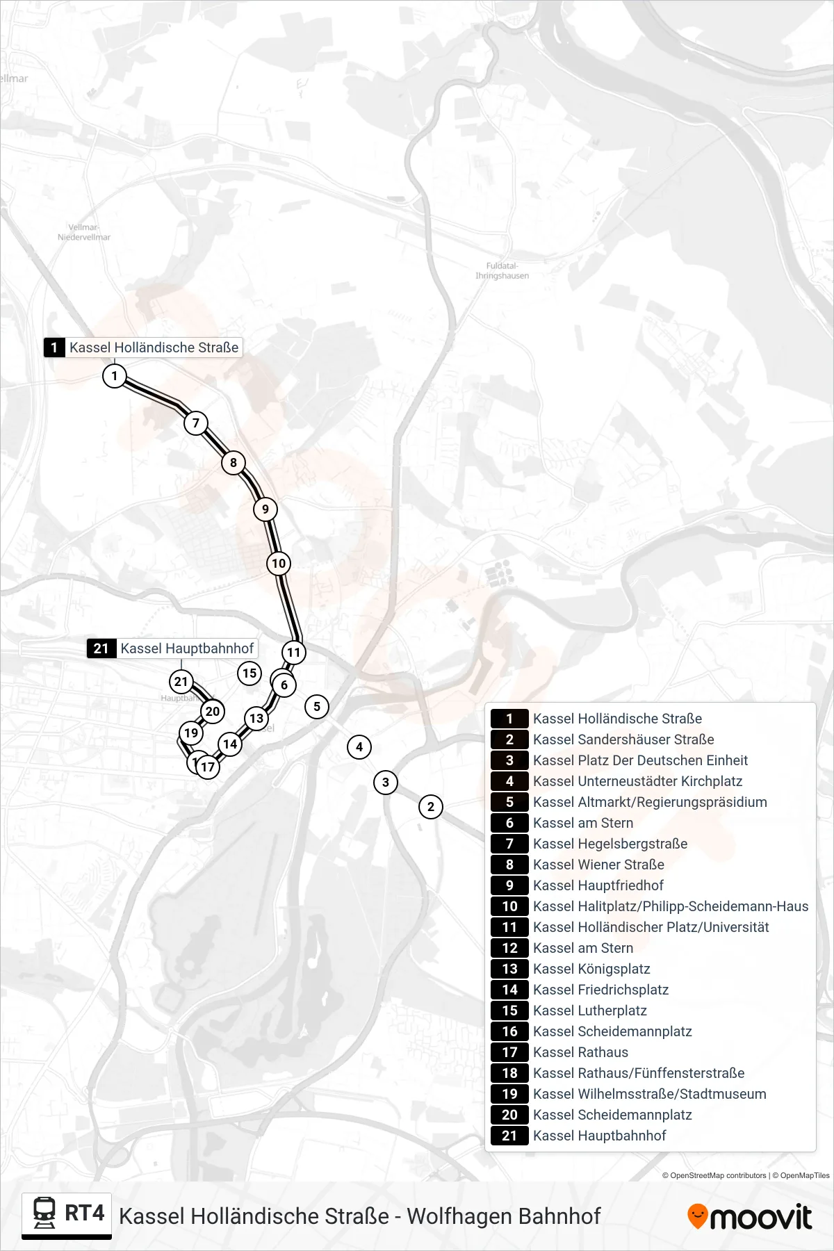 Linie RT4 (Bahn) Richtung Kassel Hauptbahnhof: Route und Haltestellen auf der Karte