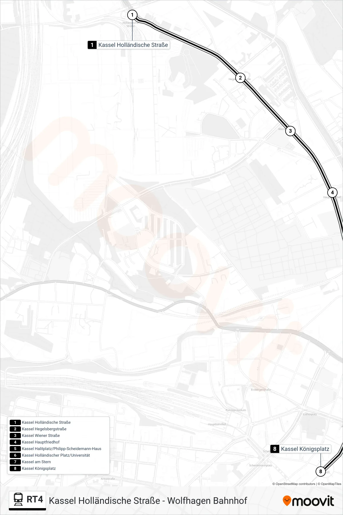 RT4 train Line (Kassel) route and stops on a map