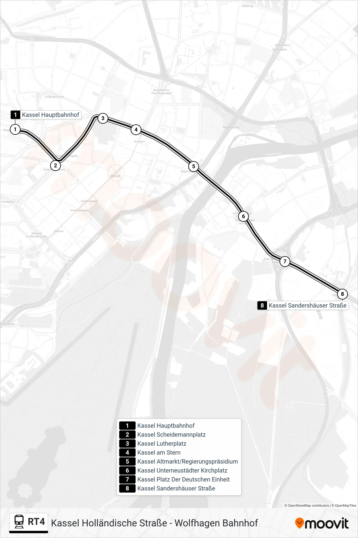 RT4 rail Line (Kassel Sandershäuser Straße) route and stops on a map