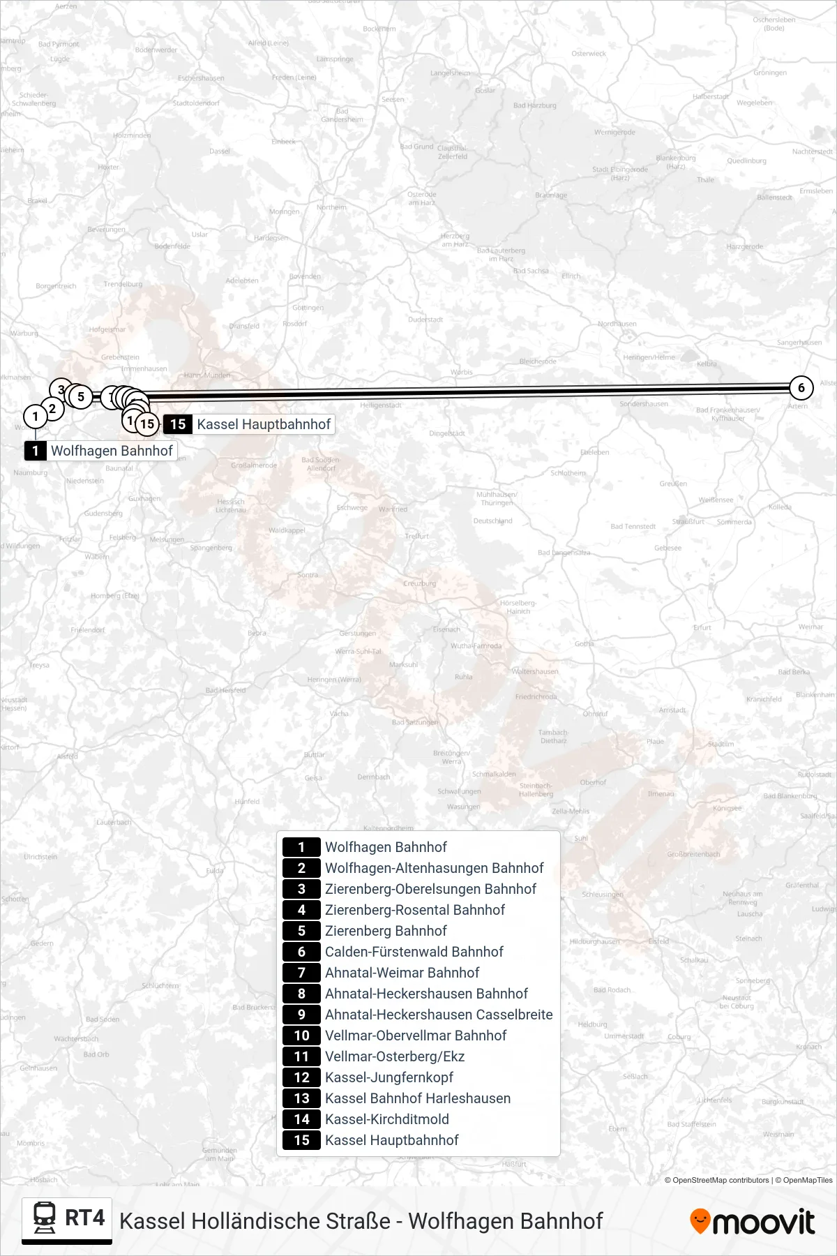 RT4 rail Line (Kassel Hauptbahnhof) route and stops on a map