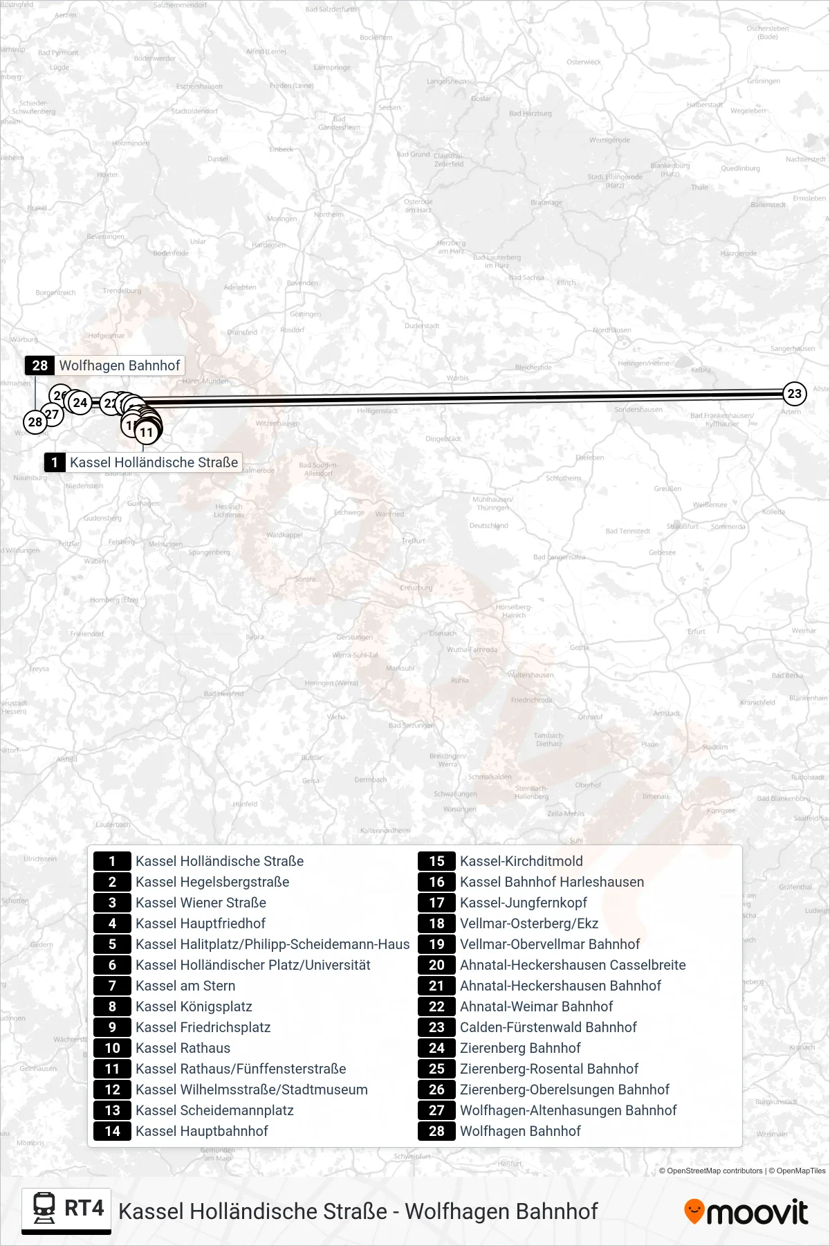RT4 train Line (Wolfhagen Bahnhof) route and stops on a map