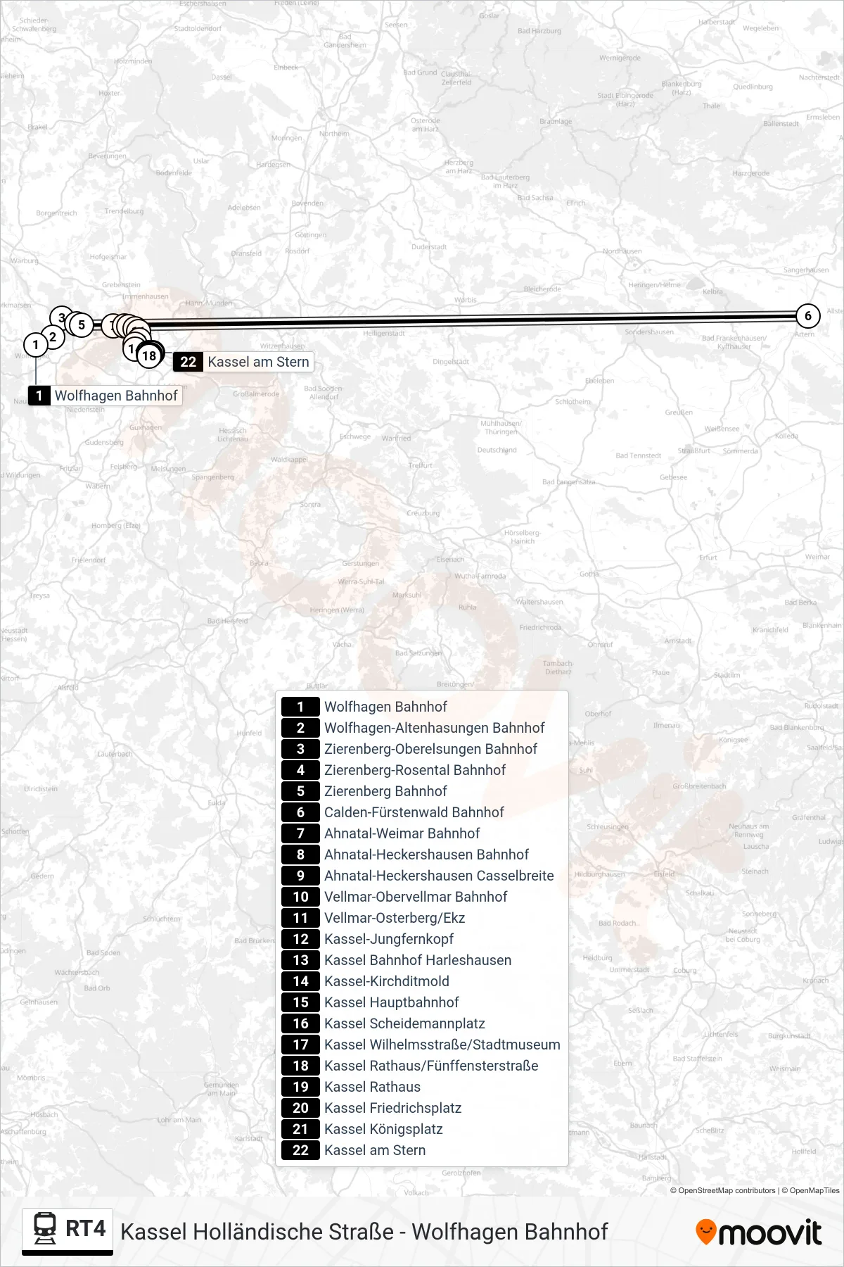RT4 train Line (Kassel am Stern) route and stops on a map