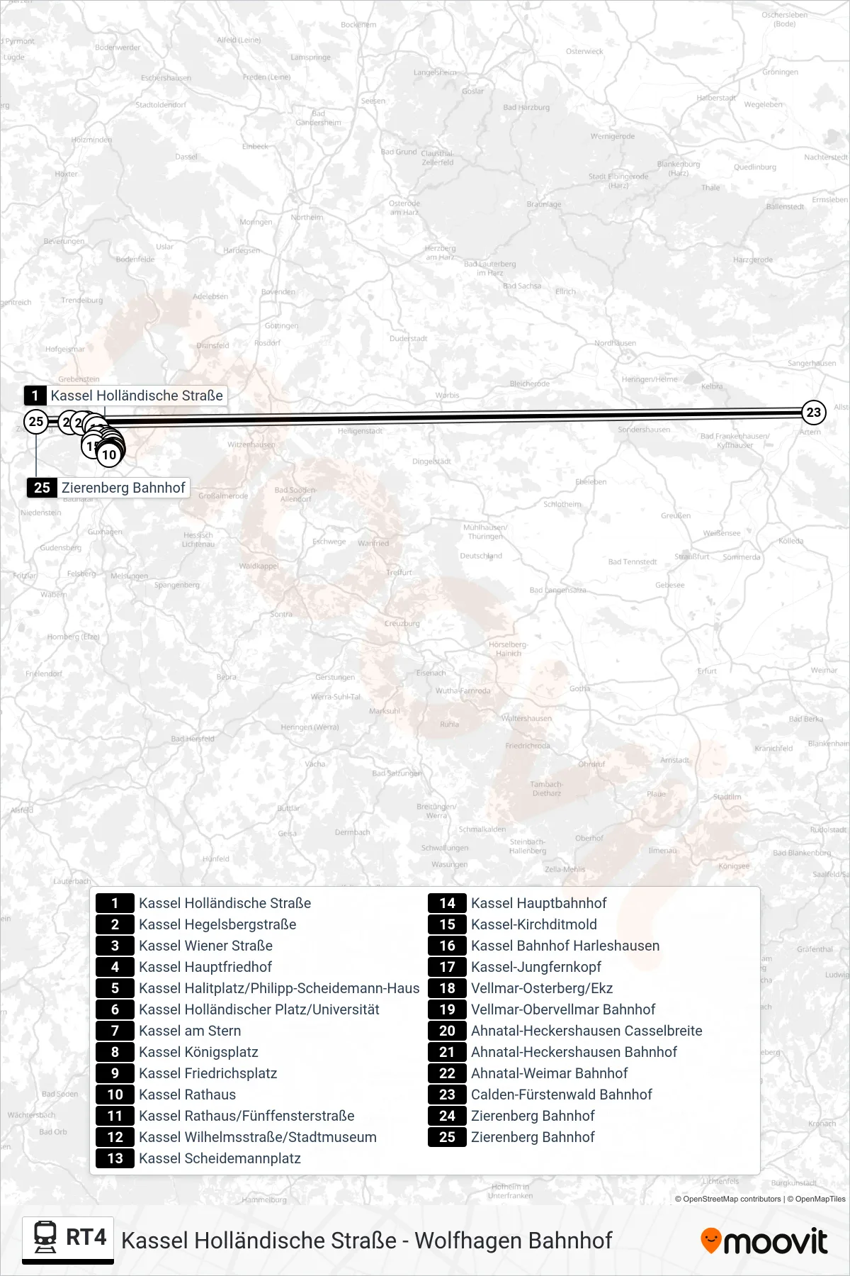 RT4 rail Line (Zierenberg Bahnhof) route and stops on a map
