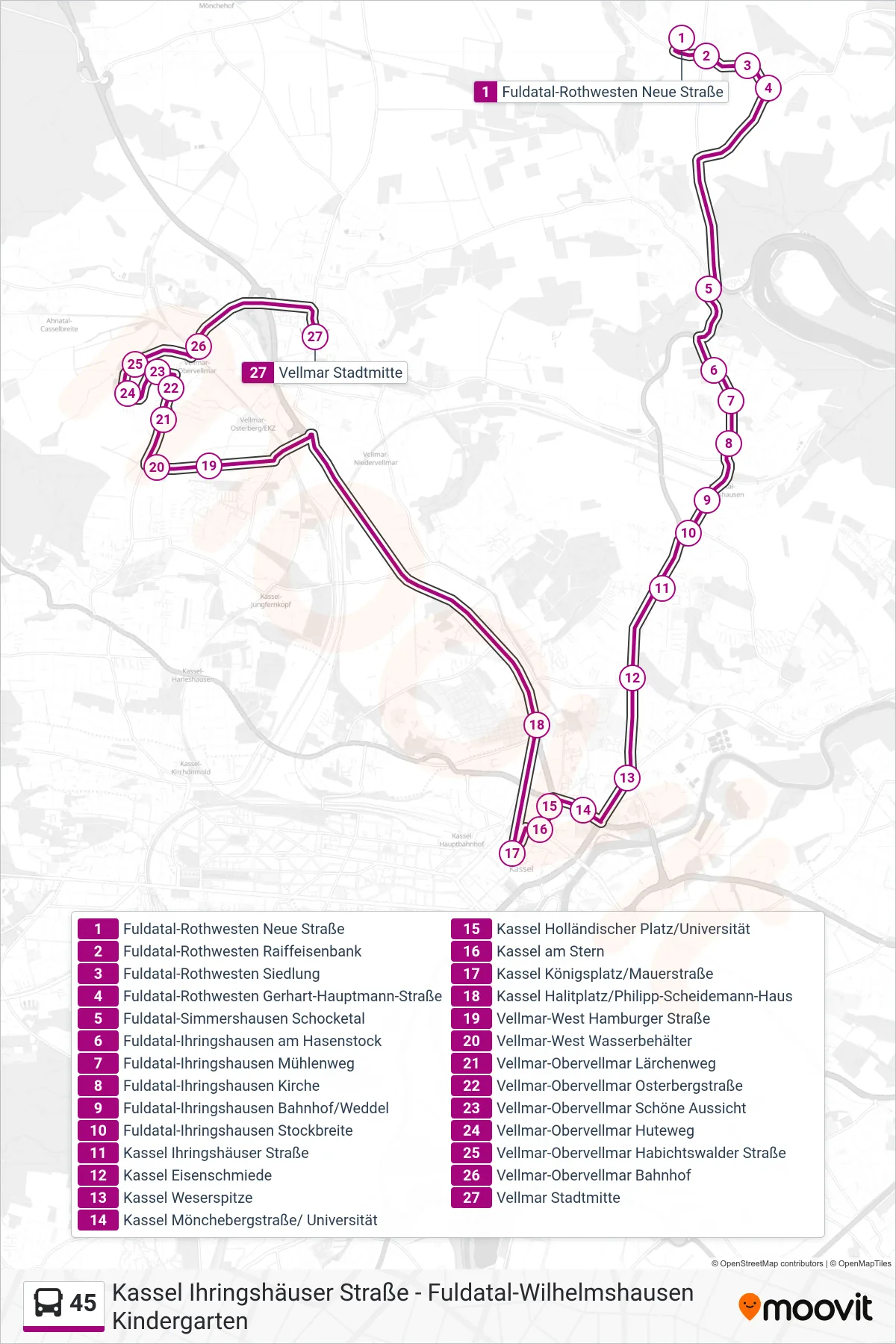 45 bus Line (Vellmar Stadtmitte) route and stops on a map