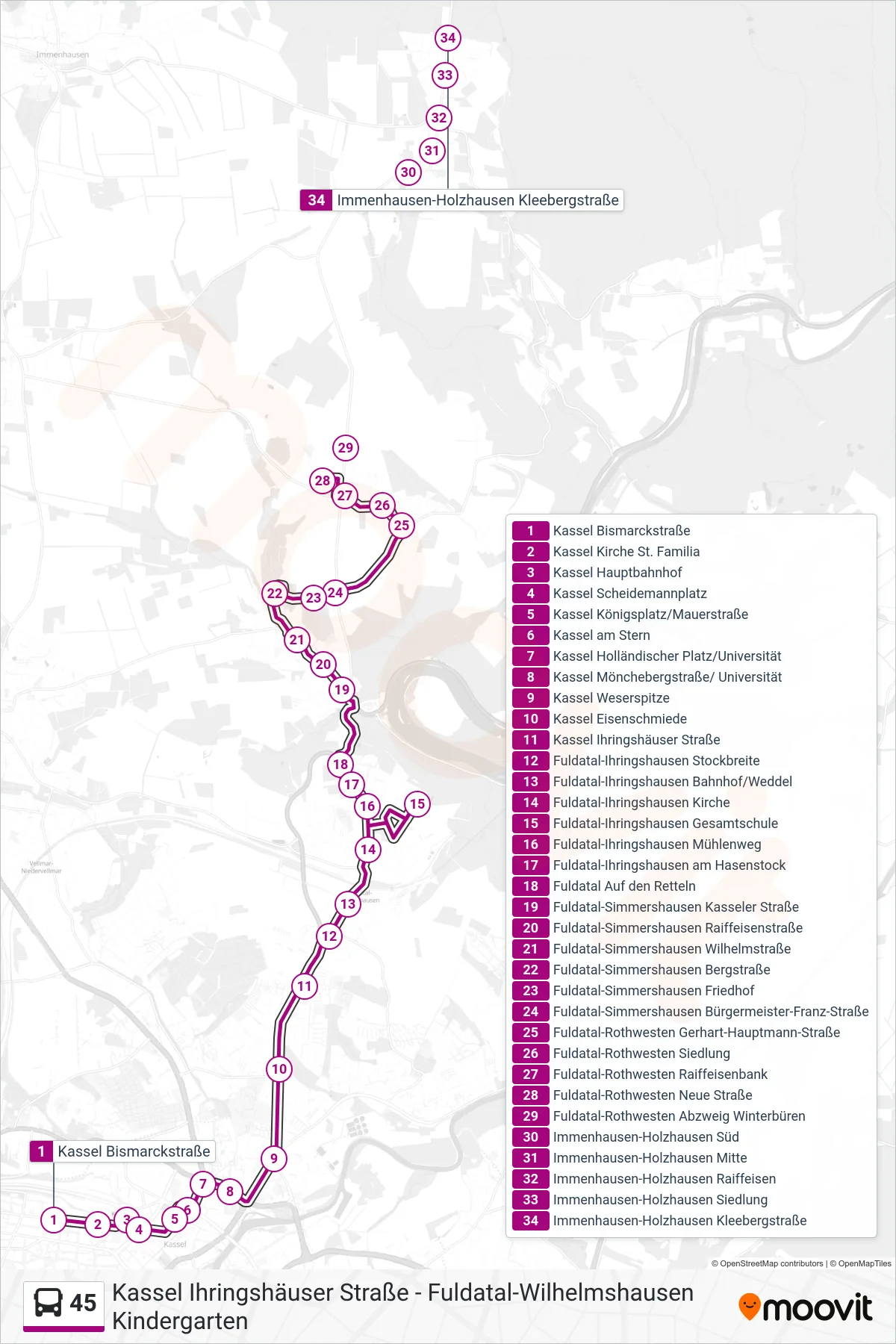 45 bus Line (Rothwesten) route and stops on a map