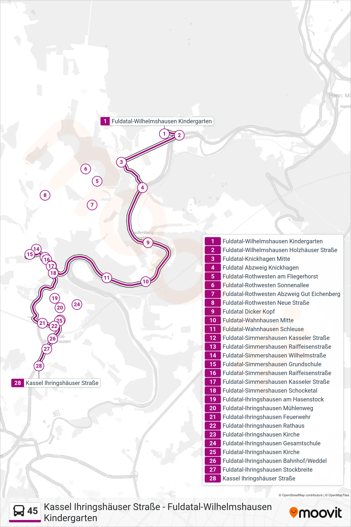 Linie 45 (Bus) Richtung Ihringshäuser Str.: Route und Haltestellen auf der Karte